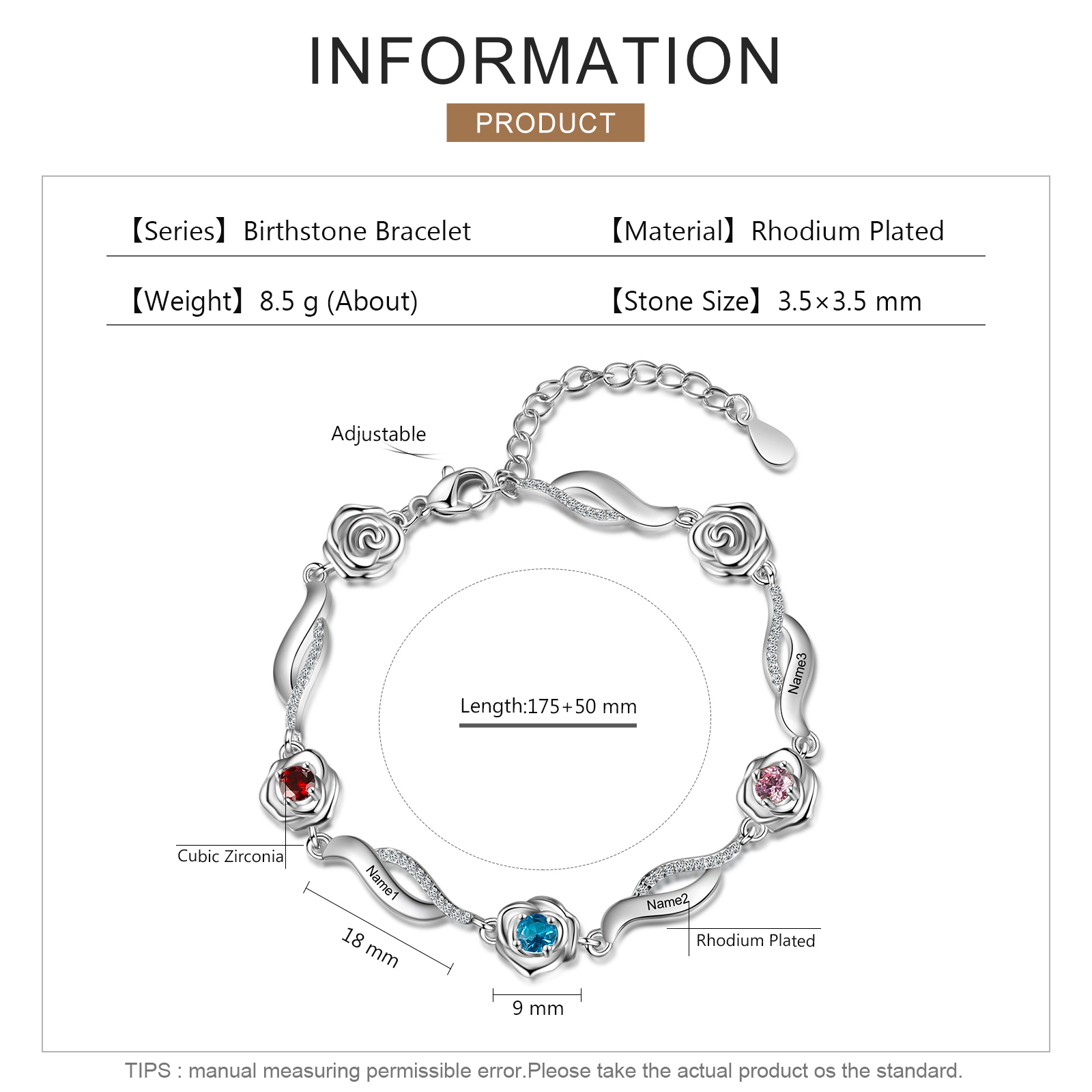 Personalised Rose Bracelet With 3 Birthstones Custom Names Bracelet Gift For Women-Jessemade AU