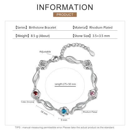 Personalised Rose Bracelet With 3 Birthstones Custom Names Bracelet Gift For Women-Jessemade AU