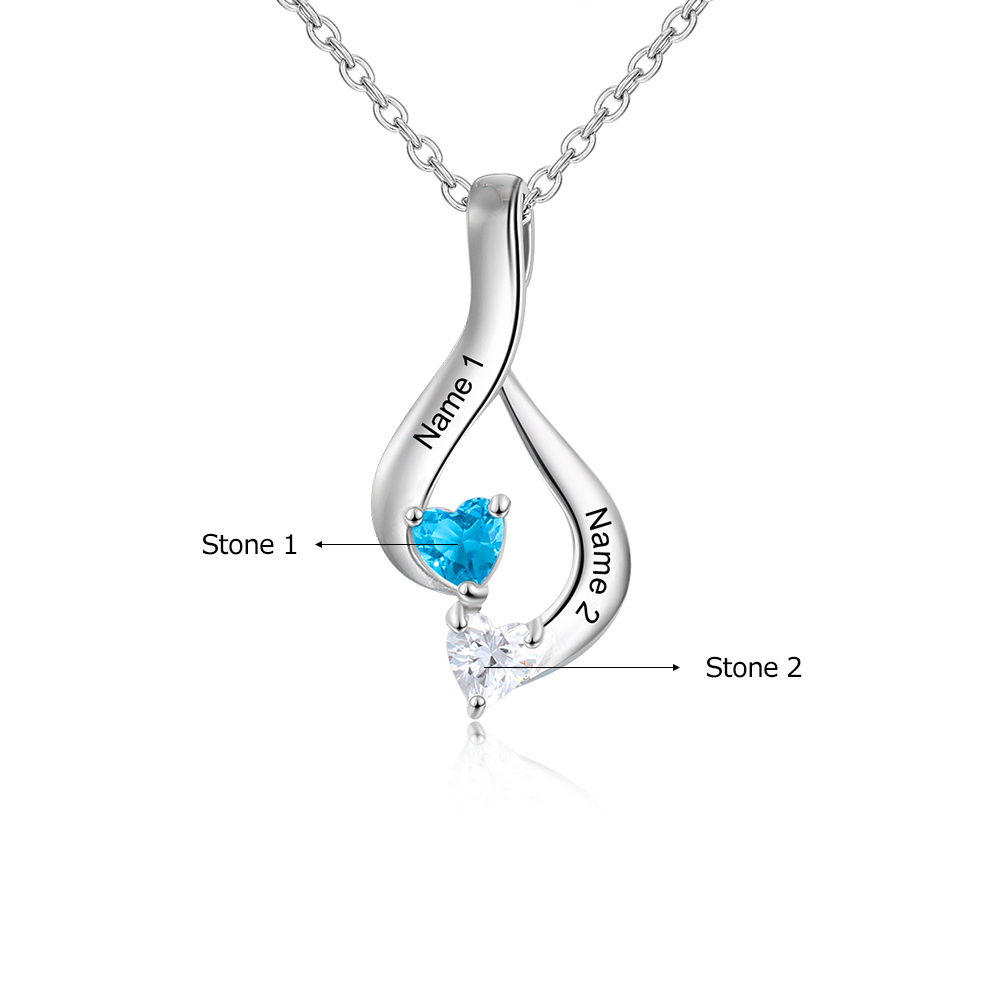Personalised Necklace With 2 Heart Birthstones Engraved Names Gift For Her-Jessemade AU