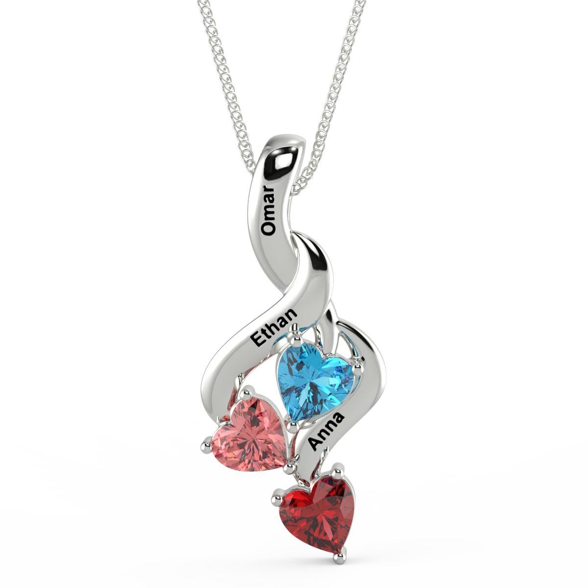 Personalised Necklace With 3 Heart Birthstones Engraved Names Gift For Women-Jessemade AU