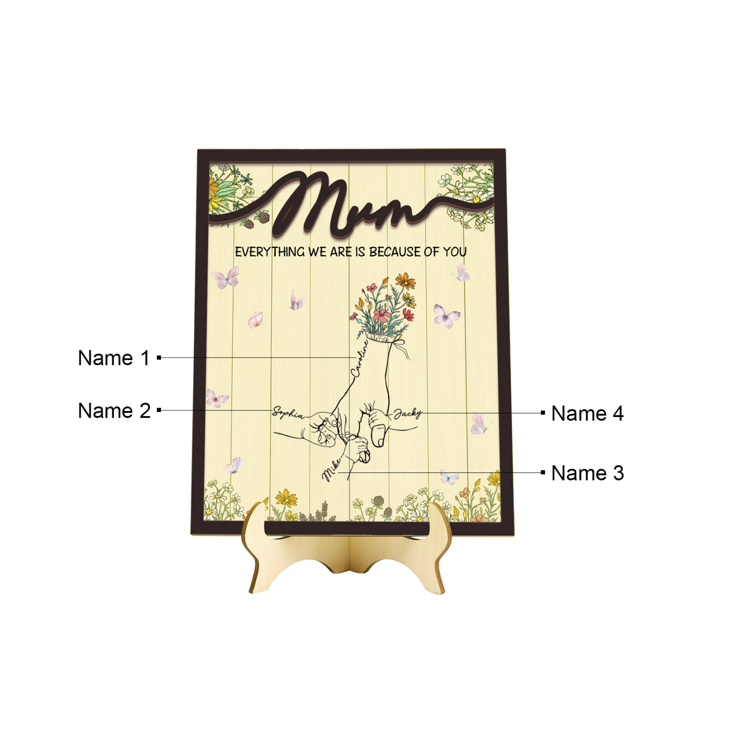 Personalised 4 Names Wooden Plaque Holding Mum's Hand Desktop Decoration With Stand - EVERYTHING WE ARE IS BECAUSE OF YOU-Jessemade AU