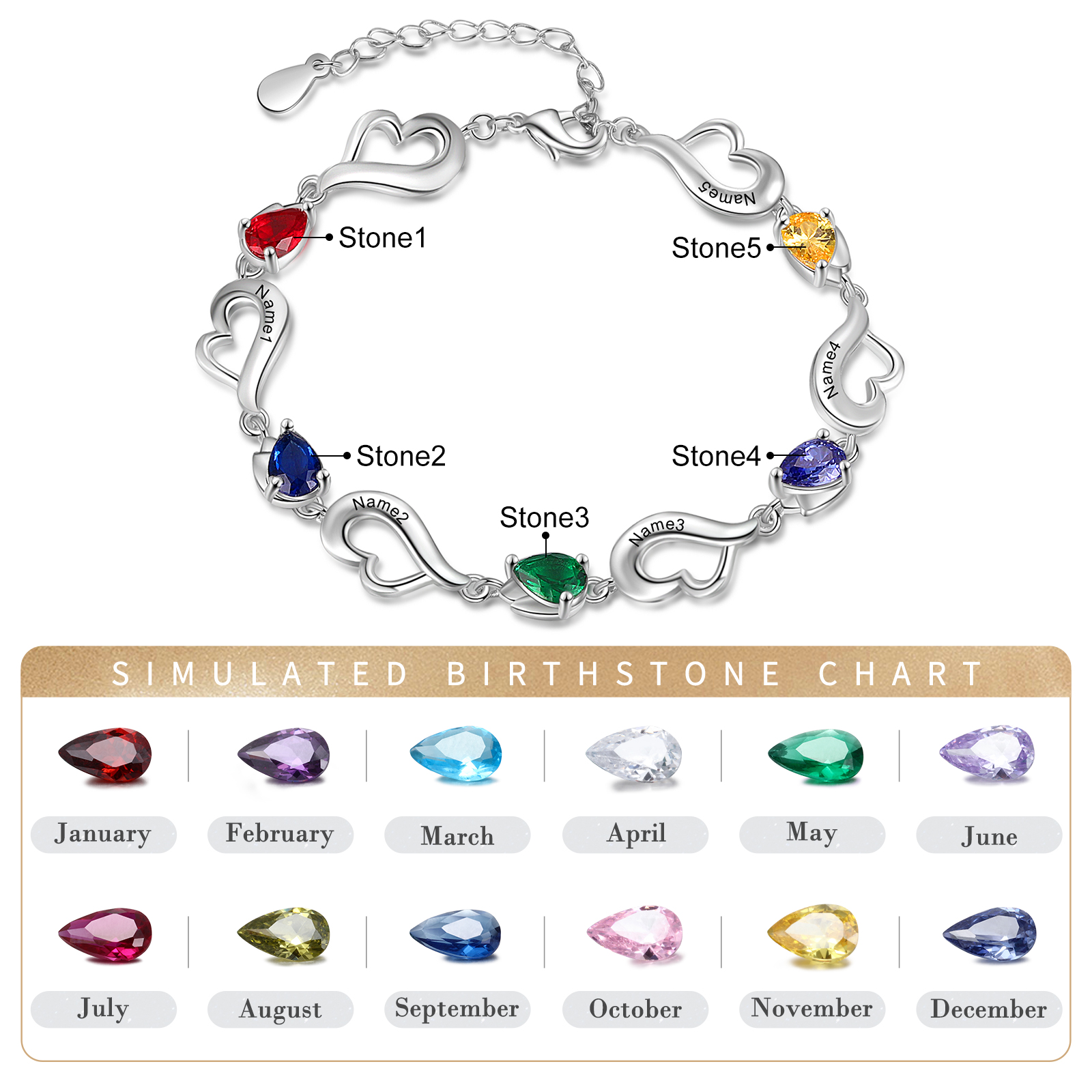Personalised Heart Bracelet With 5 Birthstones Engraved Name Bracelet Gifts For Her-Jessemade AU