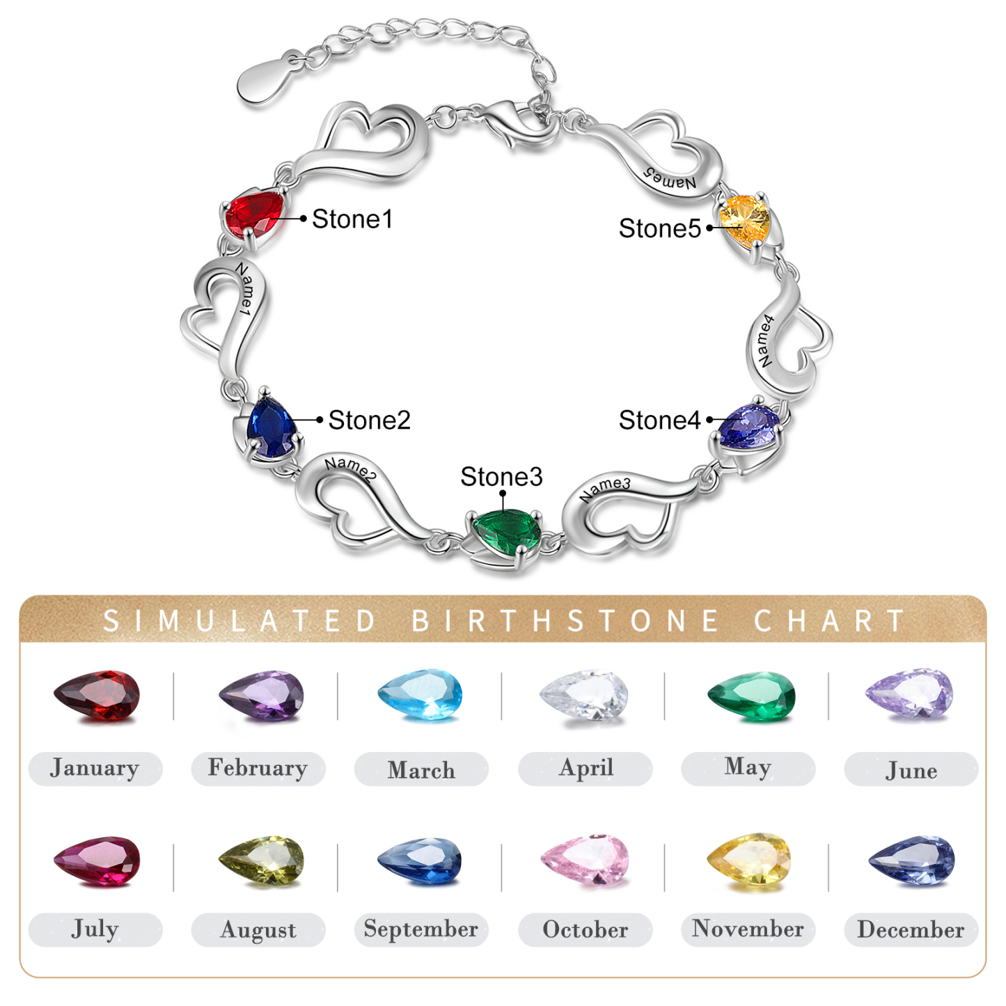 Personalised Heart Bracelet With 5 Birthstones Engraved Name Bracelet Gifts For Her-Jessemade AU