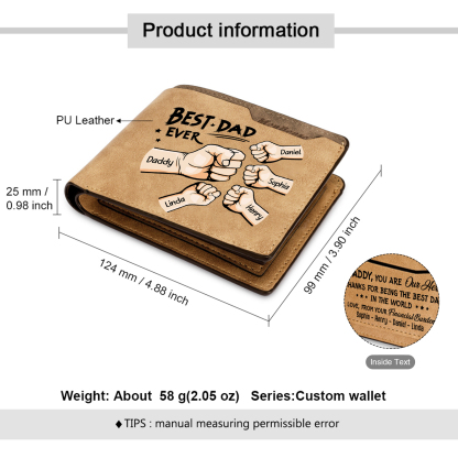 Best Dad Ever - Custom 5 Names & 1 Text Billfold Wallet Personalised Fist Bump Men's Leather Wallet