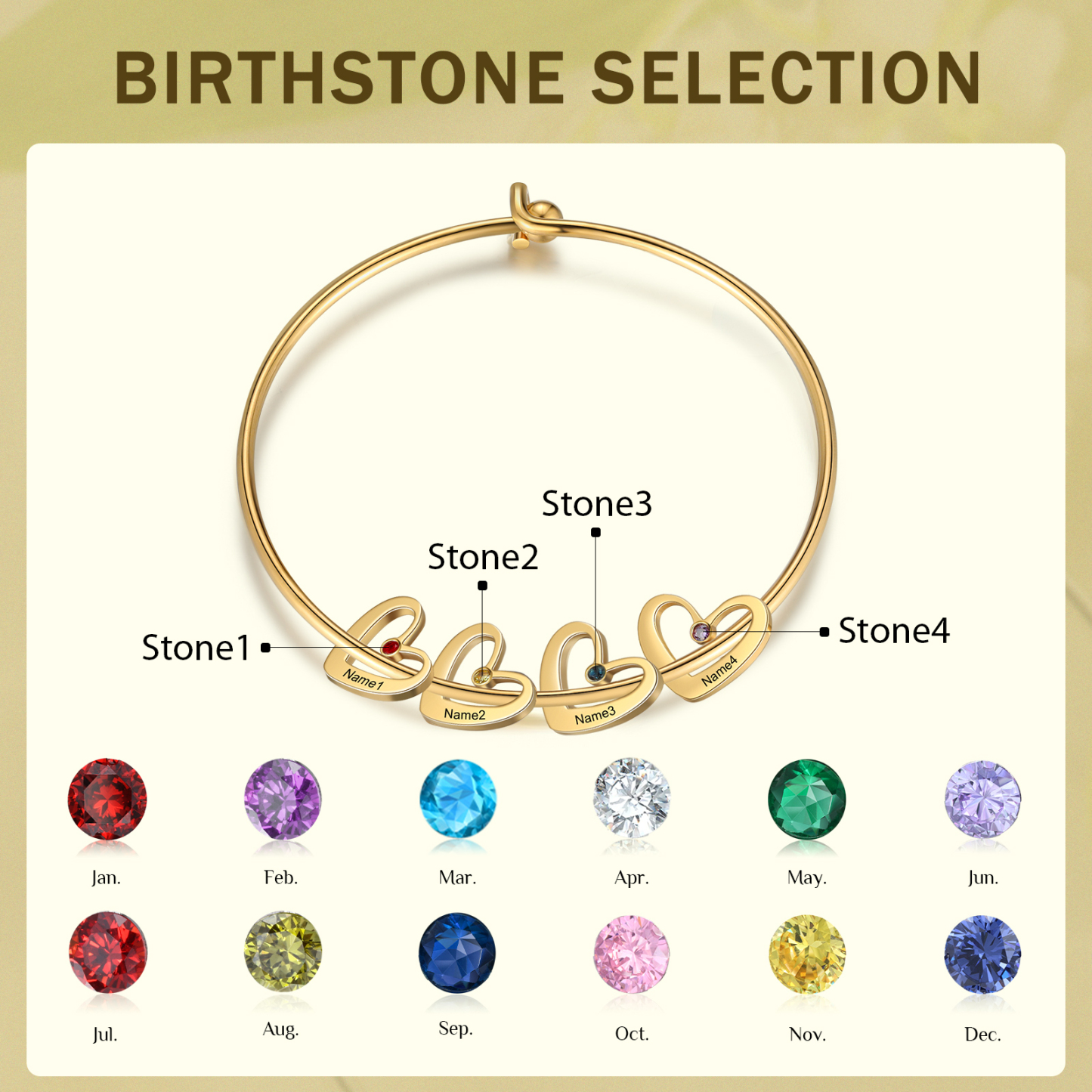 Personalised Heart Bangle With 4 Names and Birthstones Bangle Bracelet Mother's Day Gifts For women-Jessemade AU