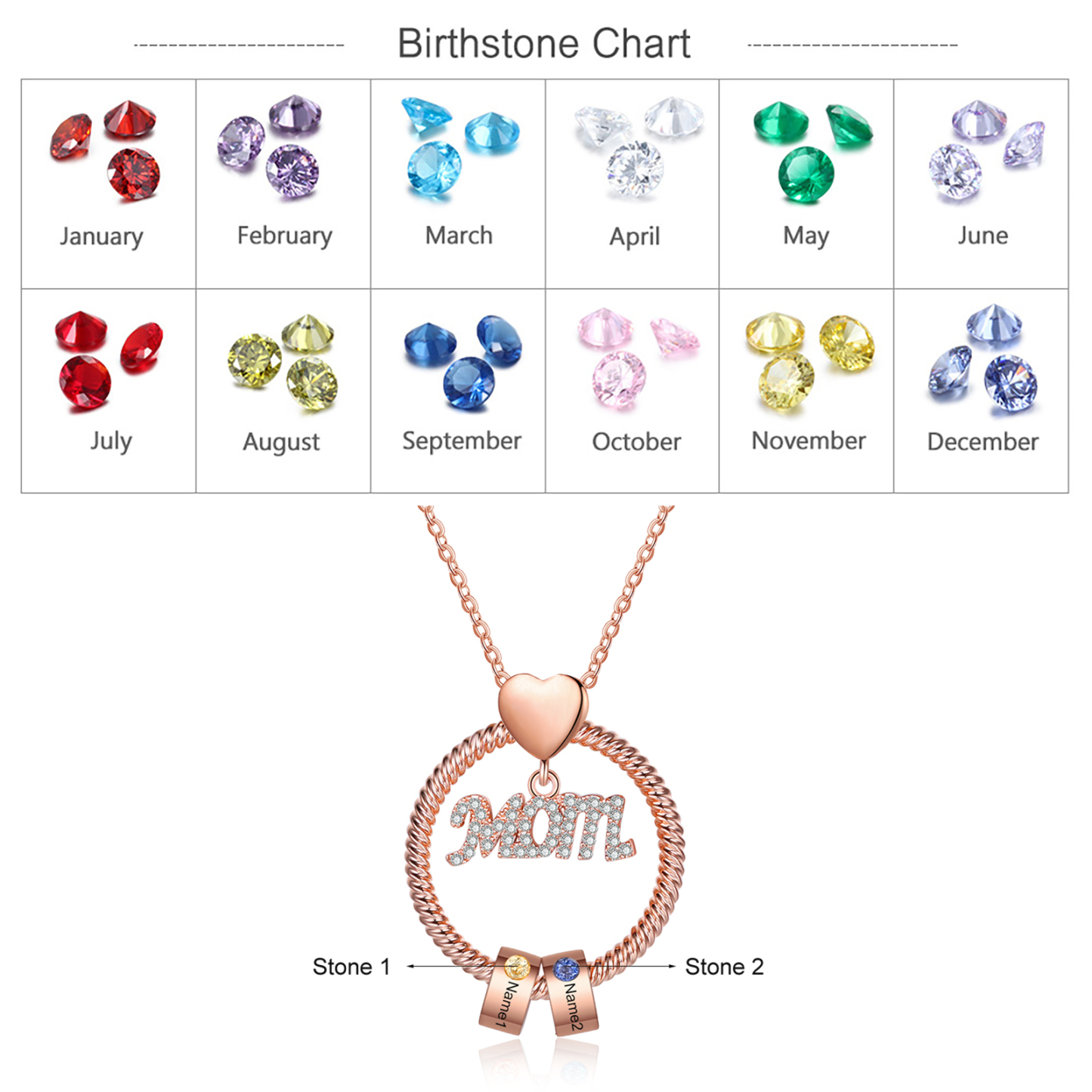 Personalised Necklace With 2 Birthstones Engraved Names Gift For Mother-Jessemade AU