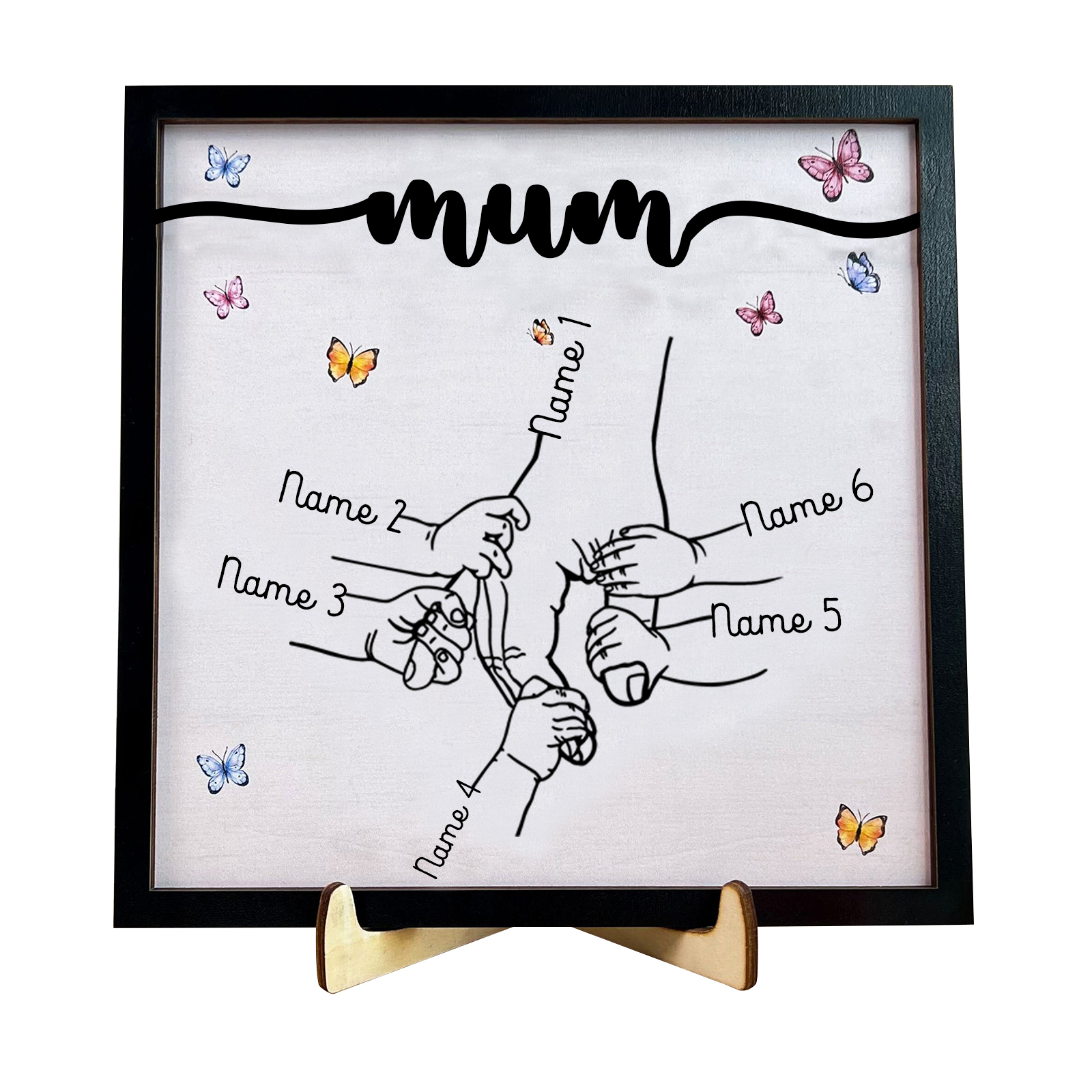 6 Names - Personalised Wooden Plaque Holding Mum's Hand Desktop Decorations Wooden Sign With Stand-Jessemade AU