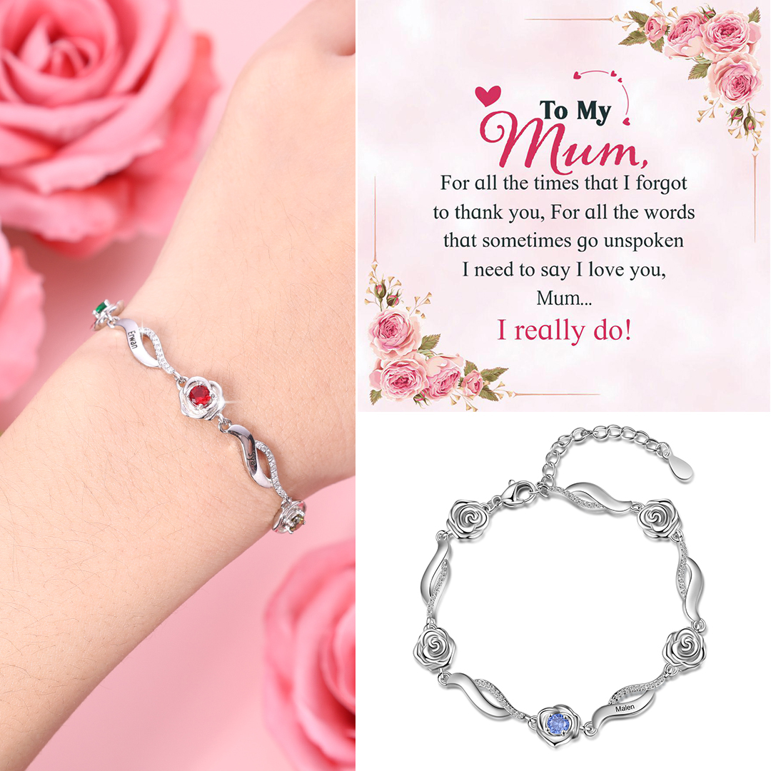 1 Name - Personalised Rose Bracelet Custom Name & Birthstone Adjustable Bracelet Gifts for Her-Jessemade AU