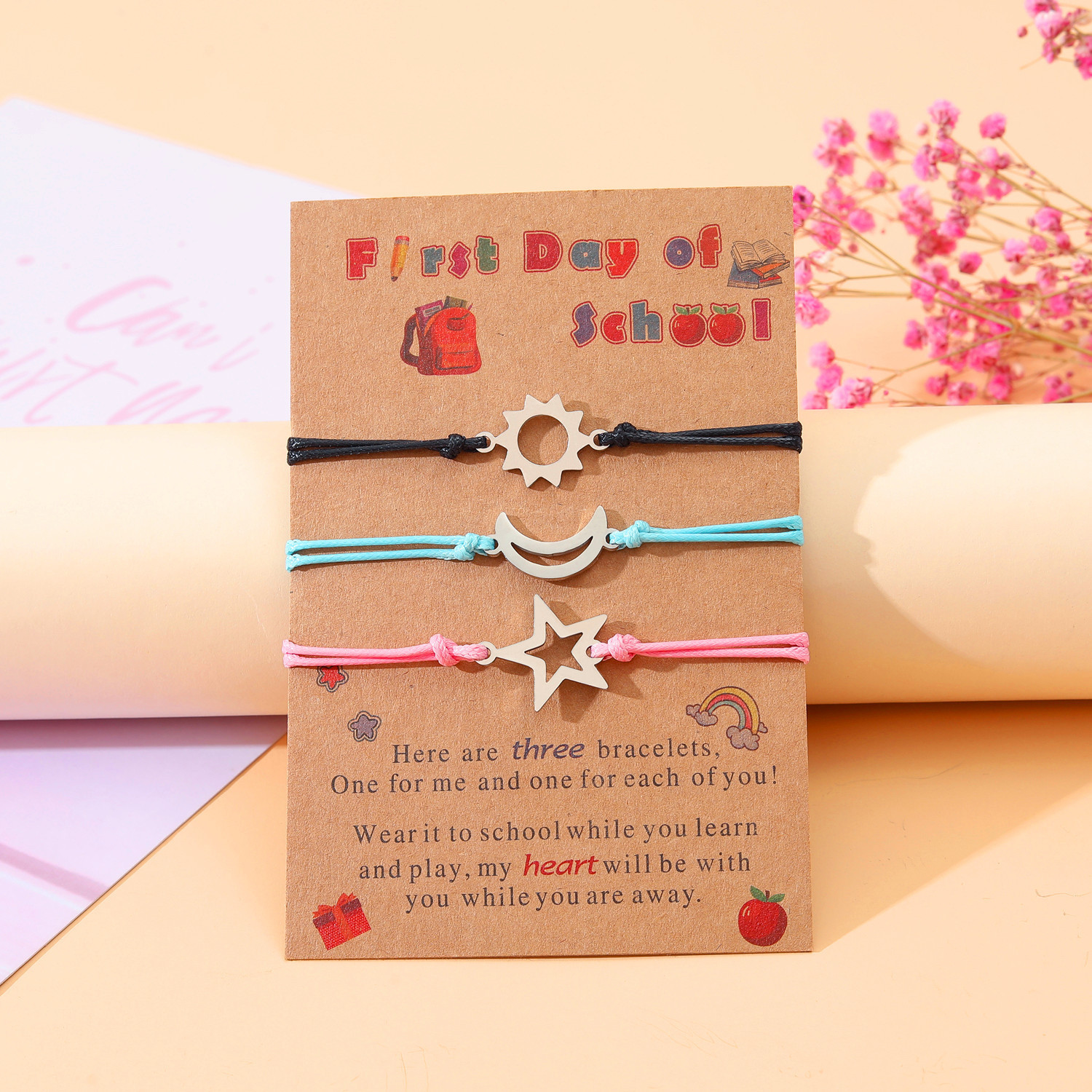 3 Pcs Sun Moon Star Creative Bracelet First Day of School Parent-child Bracelet with Cartoon Gift Card-Jessemade AU