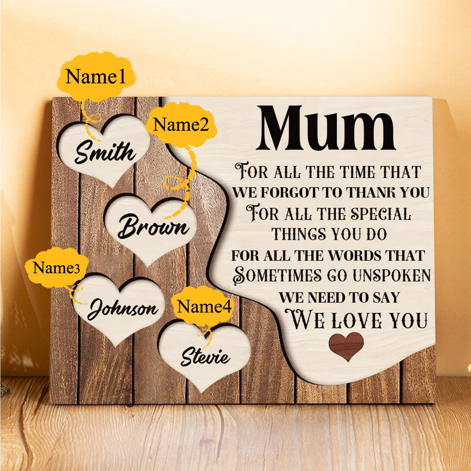 4 Names - Personalised Mum Wooden Plaque Custom Names Home Decoration Hearts Gift for Mother-Jessemade AU