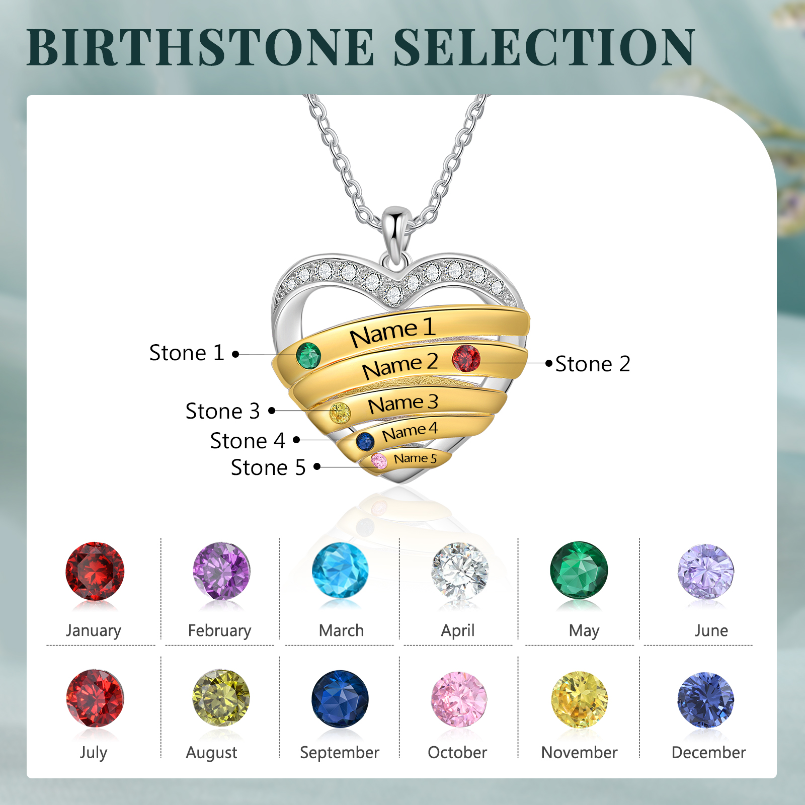 Personalised 5 Names & 5 Birthstones Necklace Custom Heart Pendant Women's Necklace Gifts for Her-Jessemade AU