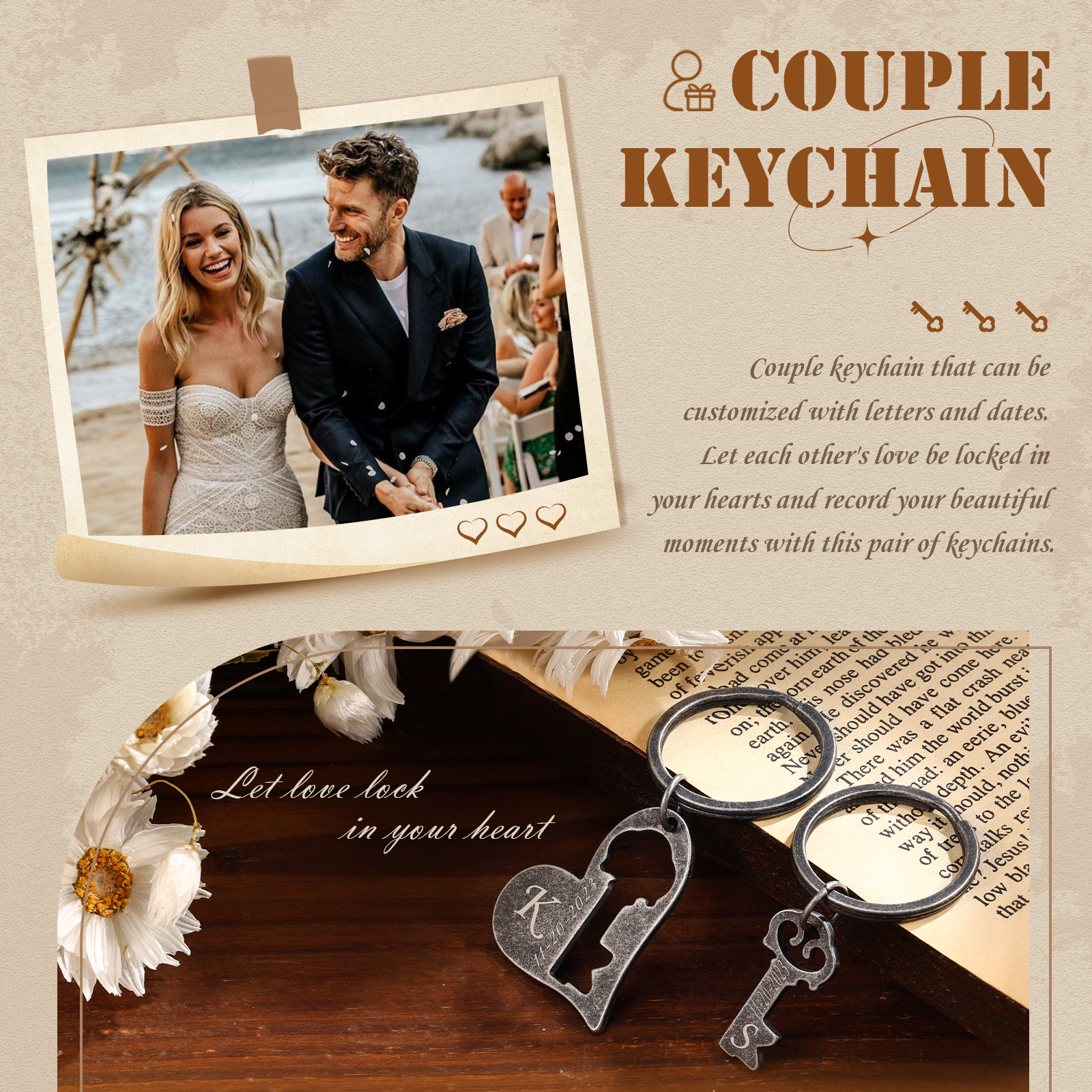 2 PCS Couple Keychain Set Custom 2 Letters & Date Keyring Stainless Steel Keychain Valentine's Day Gift for Him/Her-Jessemade AU