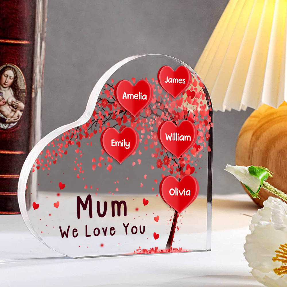 5 Names - Personalised Acrylic Heart Keepsake Custom Text Red Tree Ornaments Gifts for Grandma/Mother-Jessemade AU