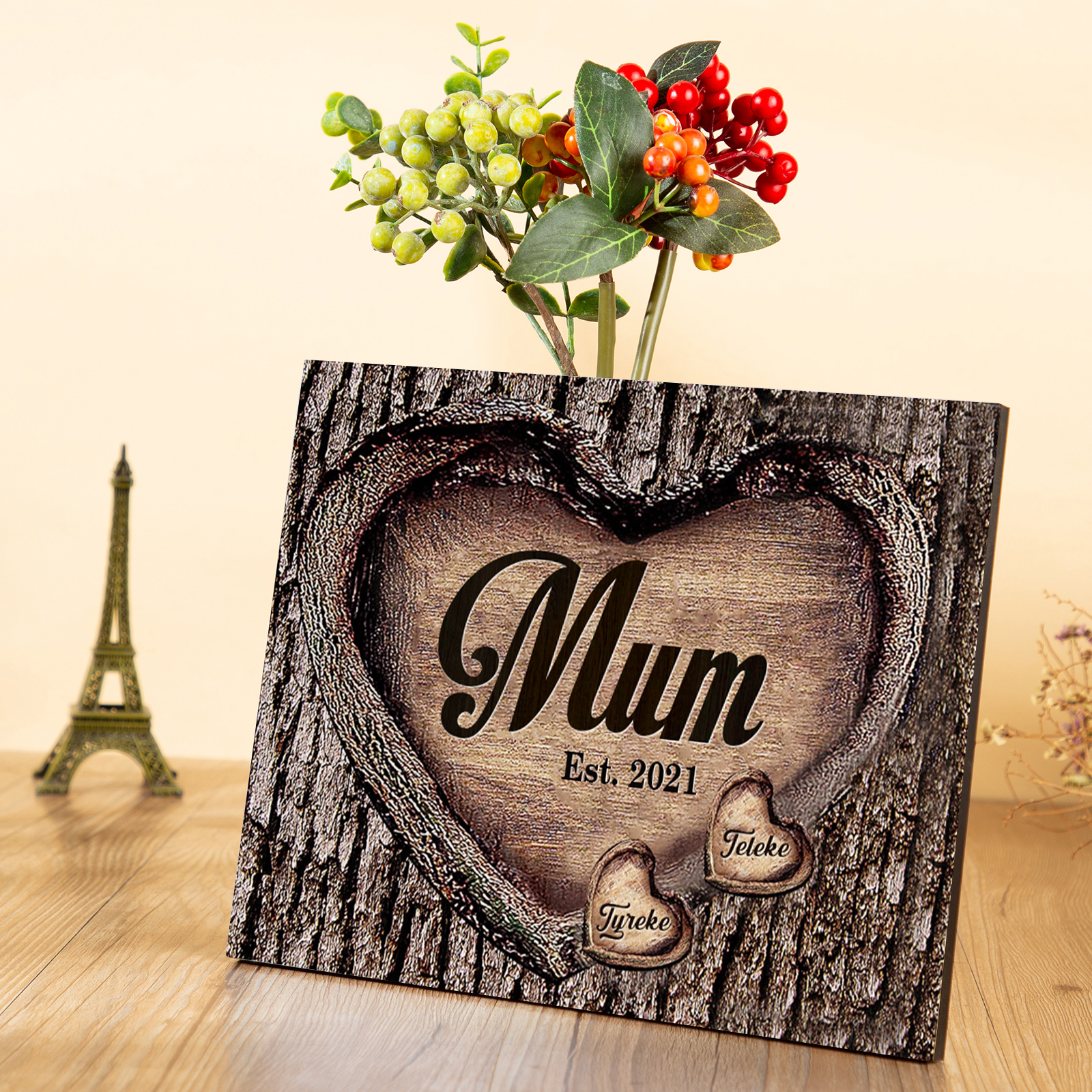2 Names - Personalised Mum Wooden Plaque Custom Date & Names Home Decoration Hearts Gift for Mother-Jessemade AU