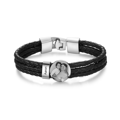 Personalised Men's Leather Bracelet Custom 1 Name & 1 Photo Braided Bracelet Father's Day Gifts for Him-Jessemade AU
