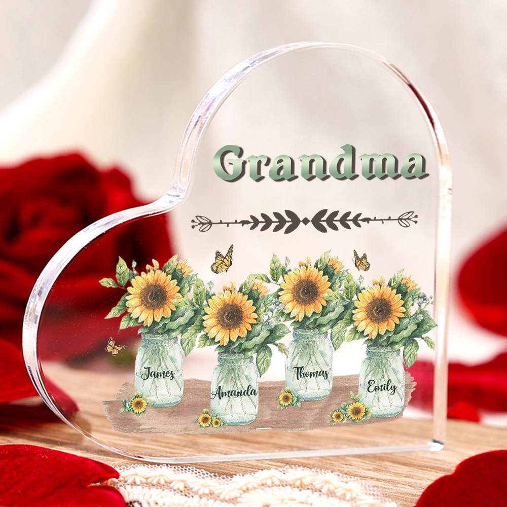 Personalised Acrylic Heart Keepsake Custom 4 Names & 1 Text Sunflower Vase Ornament Gifts for Mother/Grandma-Jessemade AU