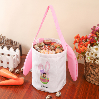Bunny Tote Bag Personalised Photo Bucket Bag Custom Name & Text Bunny Basket Easter Gifts-Jessemade AU