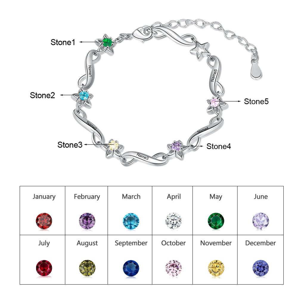 Personalised Star Bracelet With 5 Birthstones Engraved Names Bracelet Gift For Women-Jessemade AU