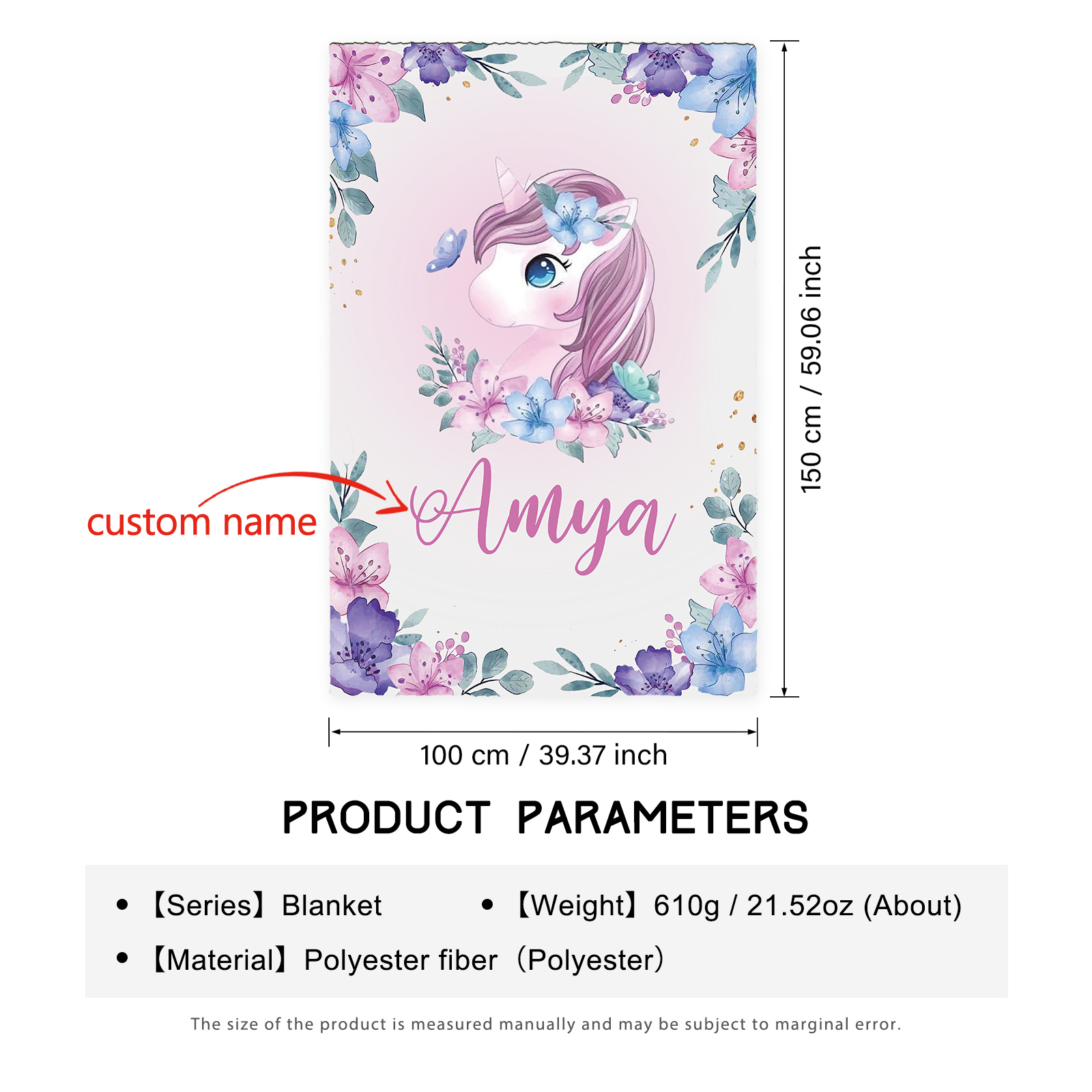 Personalised Flower Unicorn Blanket Custom Name Cute Cartoon Blanket-Jessemade AU