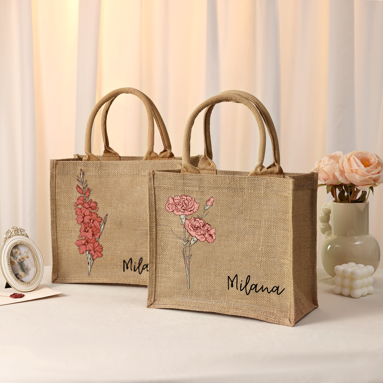 Personalised Birth Flower & Name Tote Bag Beach Jute Bag Birthday Wedding Party Travel Gift for Women/Girls-Jessemade AU