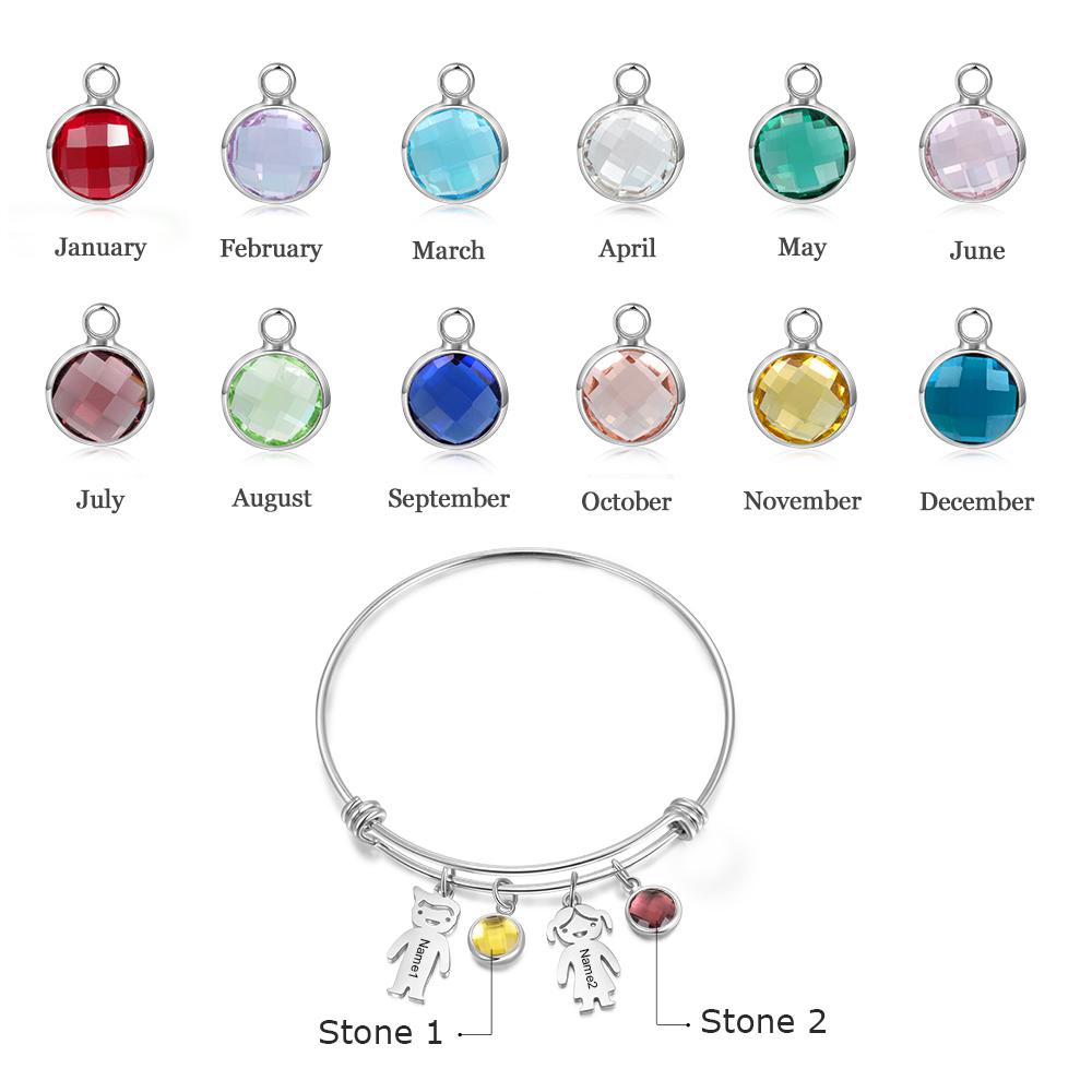 Bangle Bracelet with Kids Charms 2 Birthstone Engraved 2 Names Rose Box Set-Jessemade AU