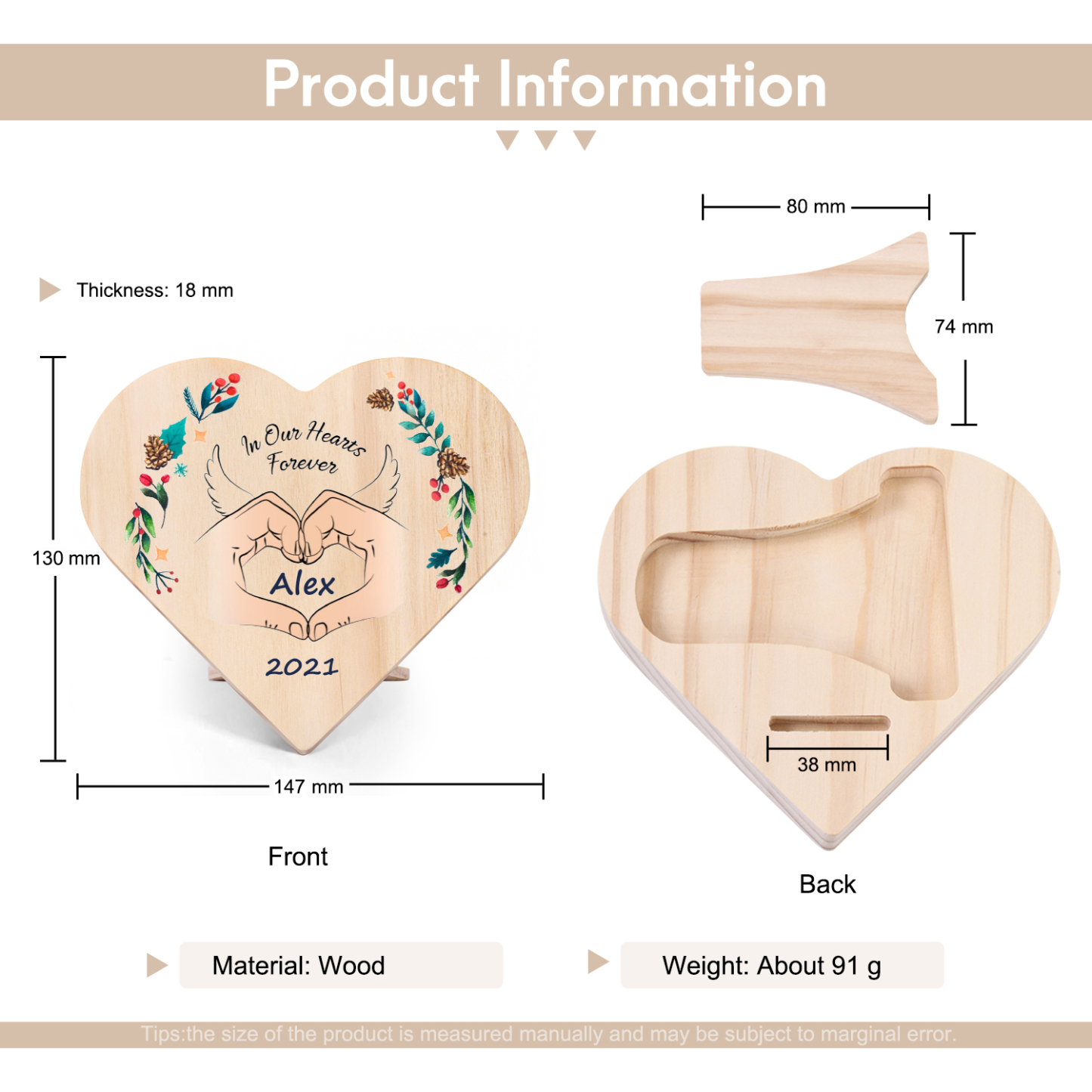 In Our Hearts Forever Memorial Wooden Heart Keepsake Desktop Ornament-Jessemade AU