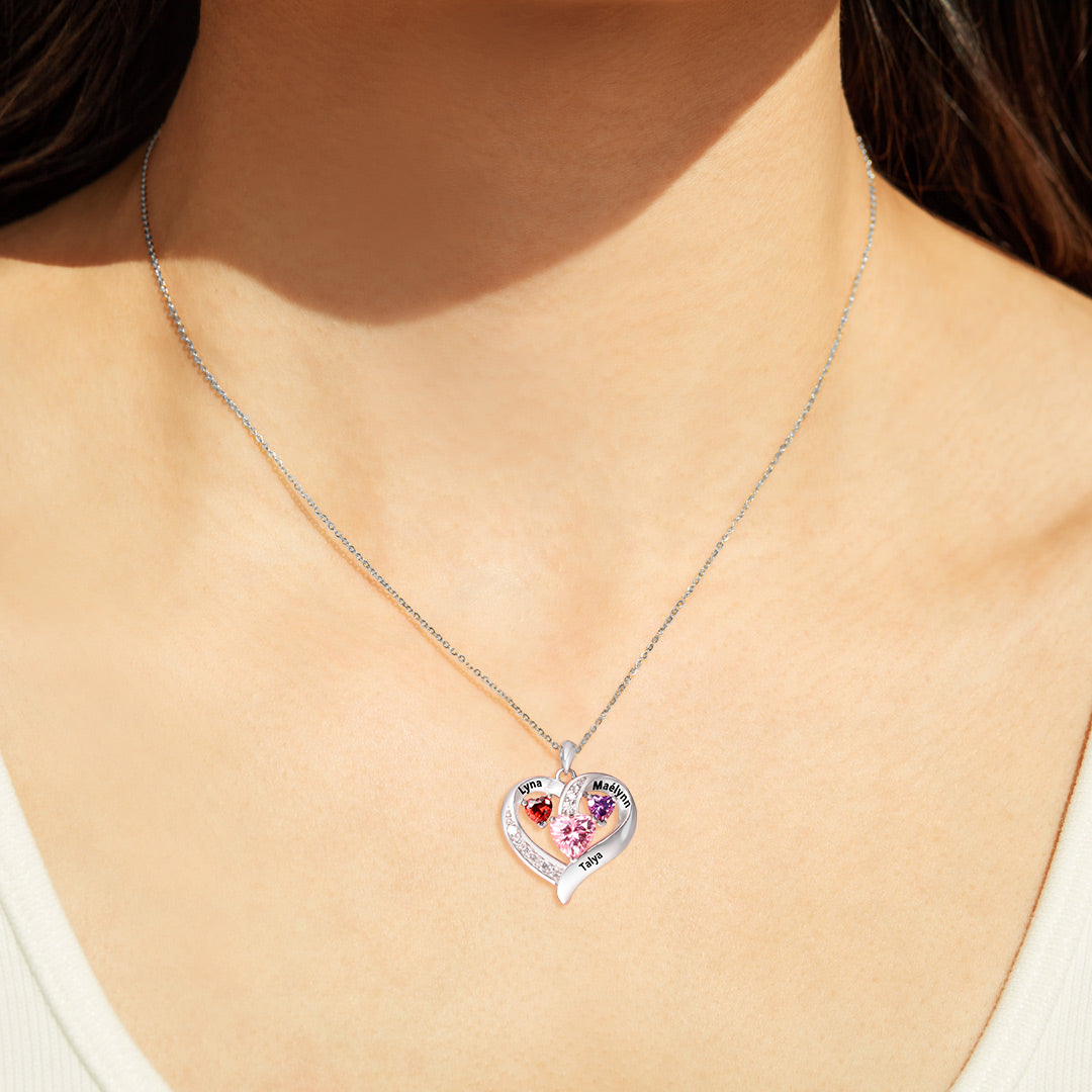 Personalised Heart Necklace With 3 Birthstones Engraved Names Gift For Her-Jessemade AU