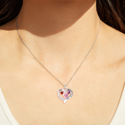 Personalised Heart Necklace With 3 Birthstones Engraved Names Gift For Her-Jessemade AU