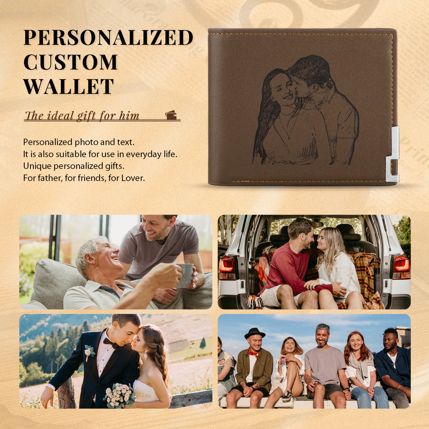 Personalised Leather Wallet Engraved Photo Folding Wallet Short Purse Love Gifts For Him-Jessemade AU