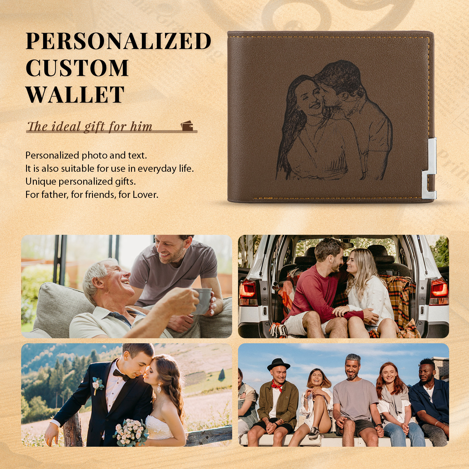 Personalised Leather Wallet Engraved Photo Folding Wallet Short Purse Love Gifts For Him-Jessemade AU