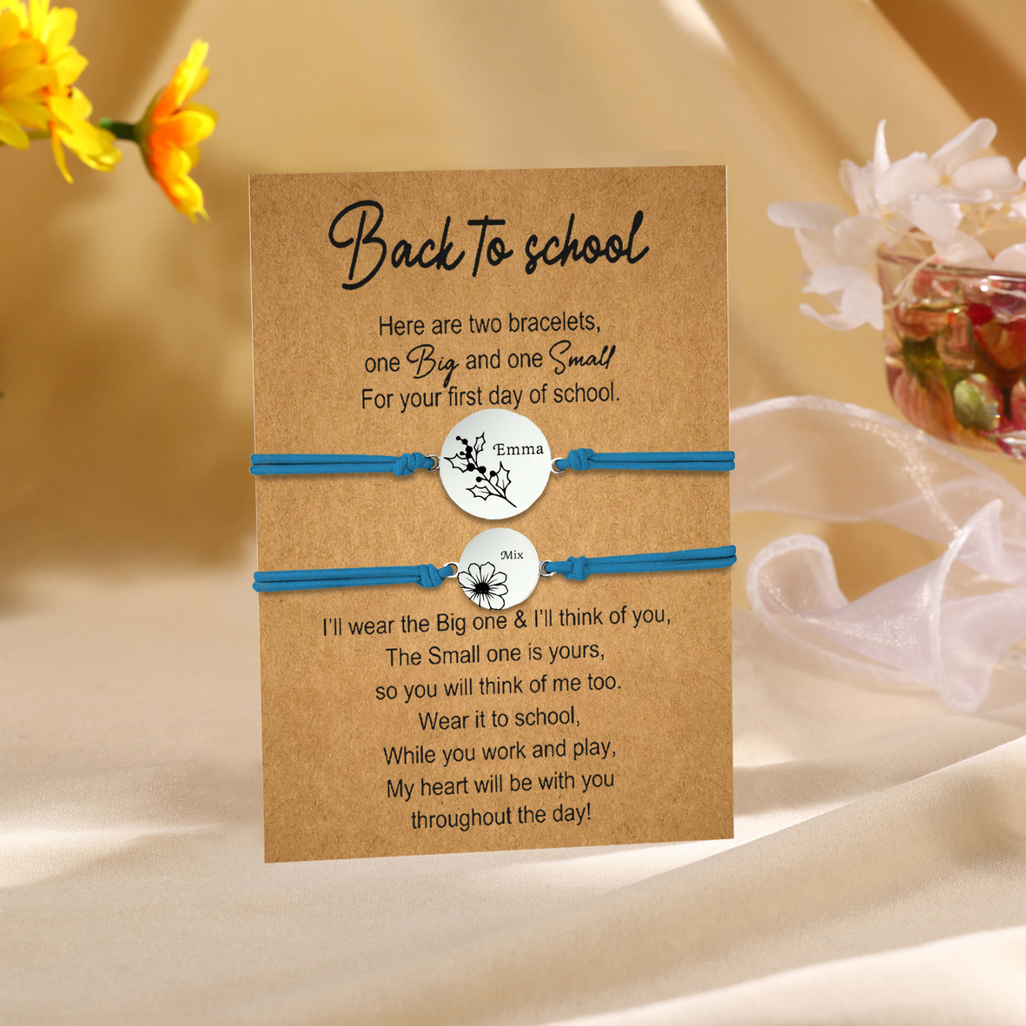 2 Pcs Bracelet Set Personalised Names & Birth Flowers Adjustable Bracelets with Message Card Back to School Gifts for Daughters-Jessemade AU