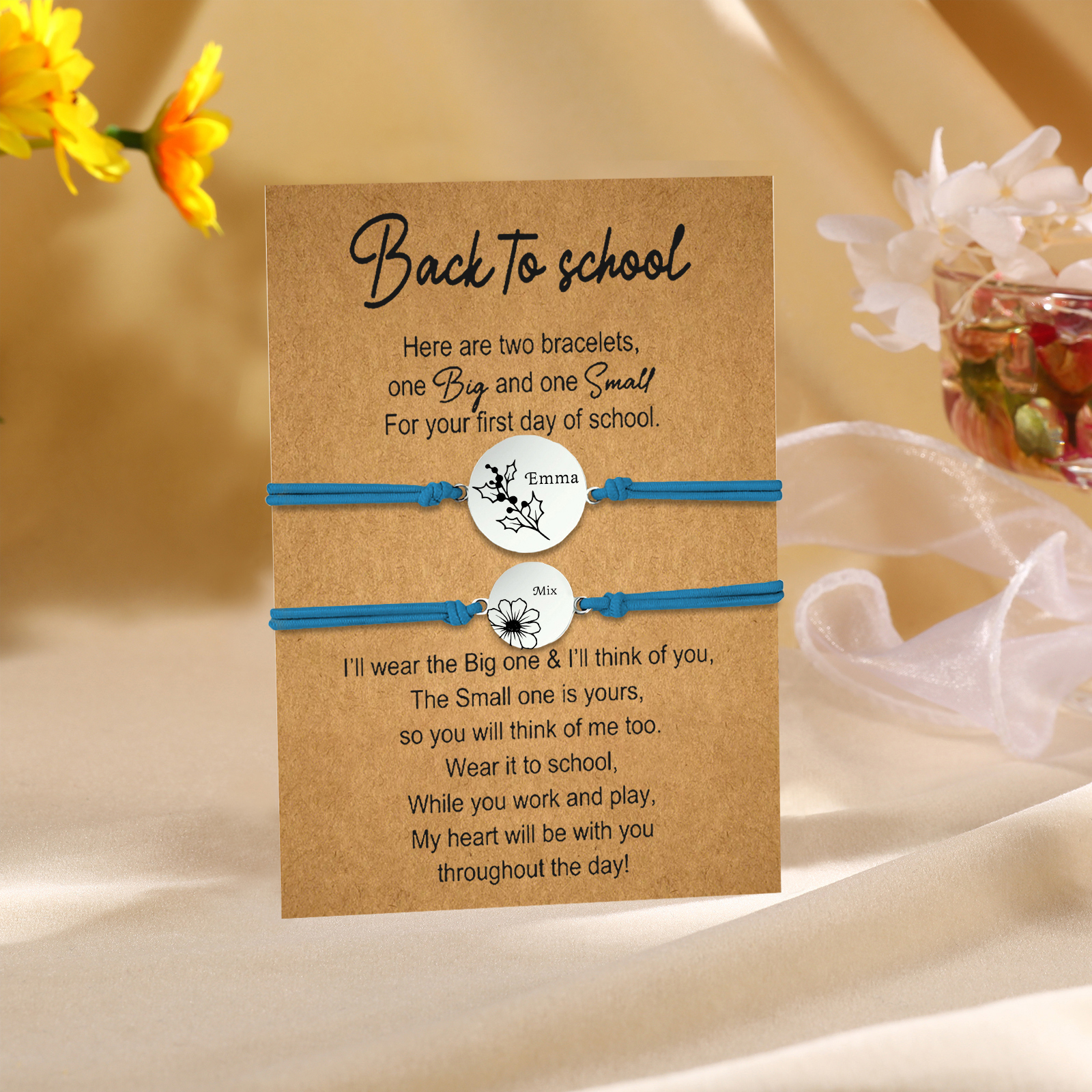 2 Pcs Bracelet Set Personalised Names & Birth Flowers Adjustable Bracelets with Message Card Back to School Gifts for Daughters-Jessemade AU