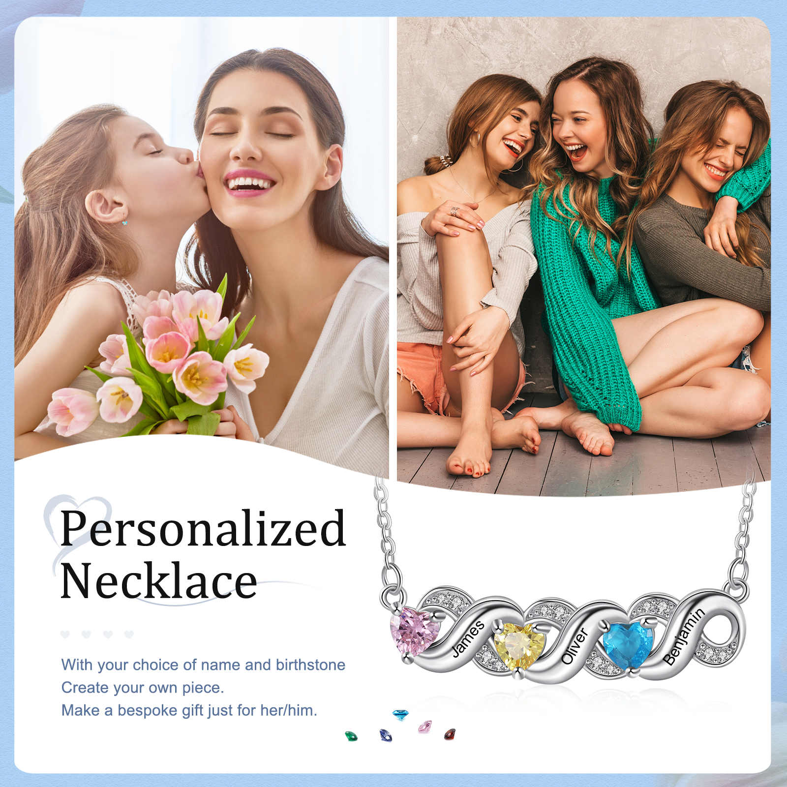 Personalised Heart Birthstone Necklace Custom 3 Names Overlap Necklace Gifts for Her-Jessemade AU