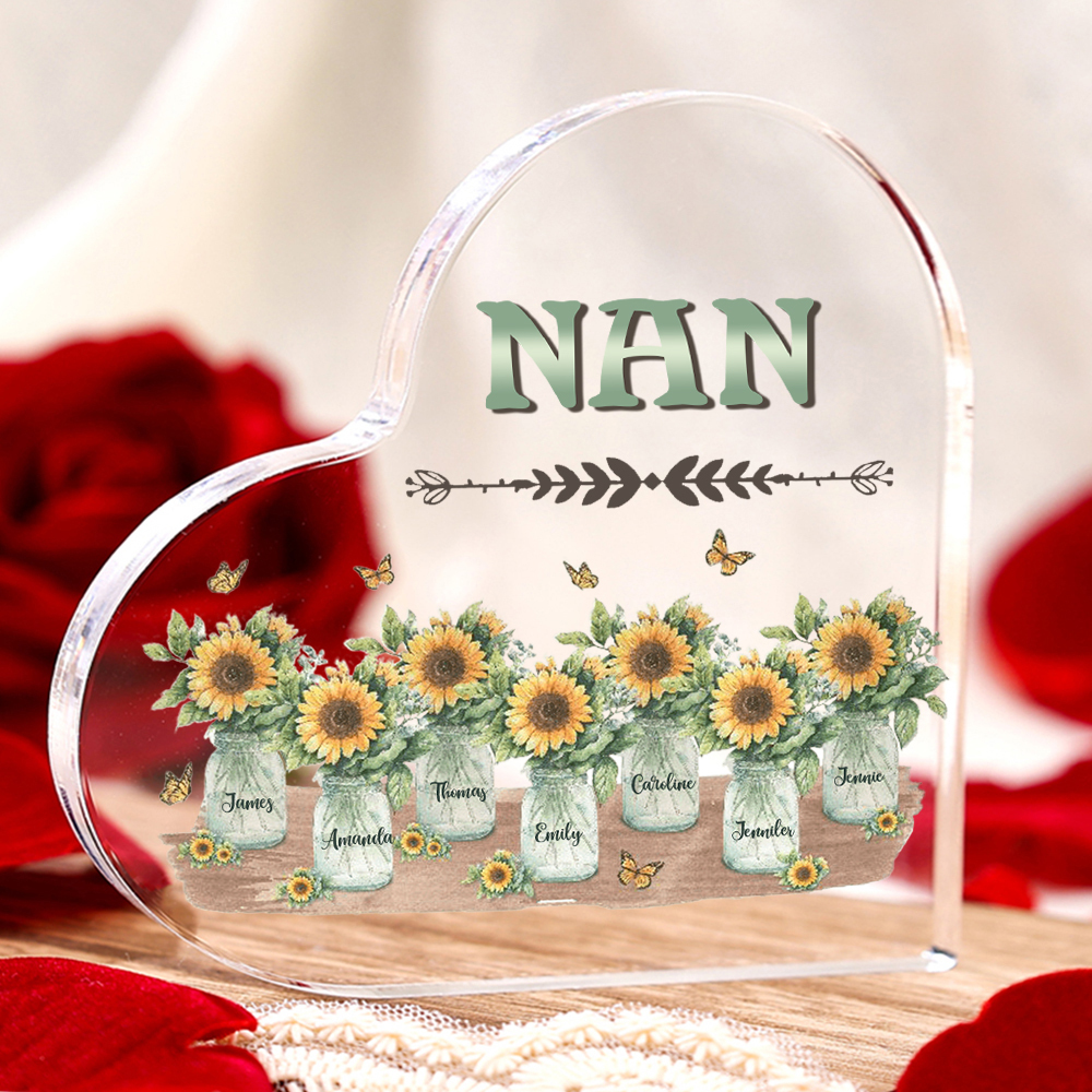 Personalised Acrylic Heart Keepsake Custom 7 Names & 1 Text Sunflower Vase Ornament Gifts for Mother/Grandma-Jessemade AU