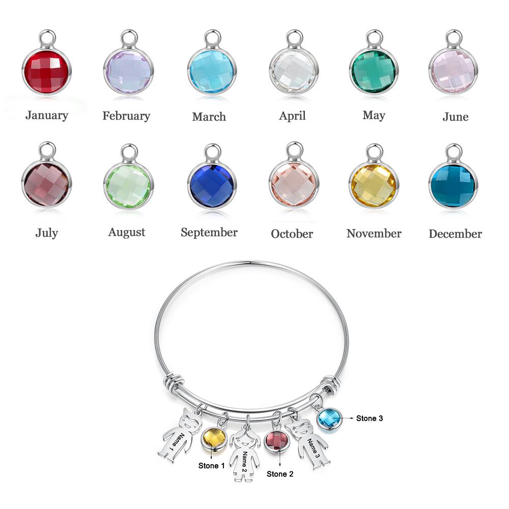 Women Bangle Bracelet with Kids Charms 3 Birthstones Engraved 3 Names Rose Box Set-Jessemade AU