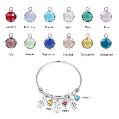 Women Bangle Bracelet with Kids Charms 3 Birthstones Engraved 3 Names Rose Box Set-Jessemade AU