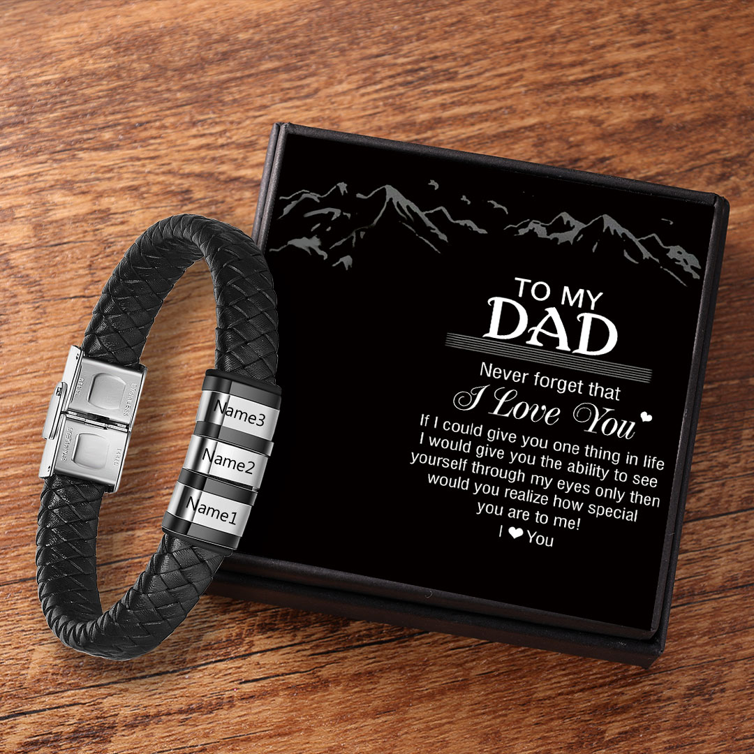 Men Leather Braided Bracelet Personalised with 3 Names Black-Jessemade AU