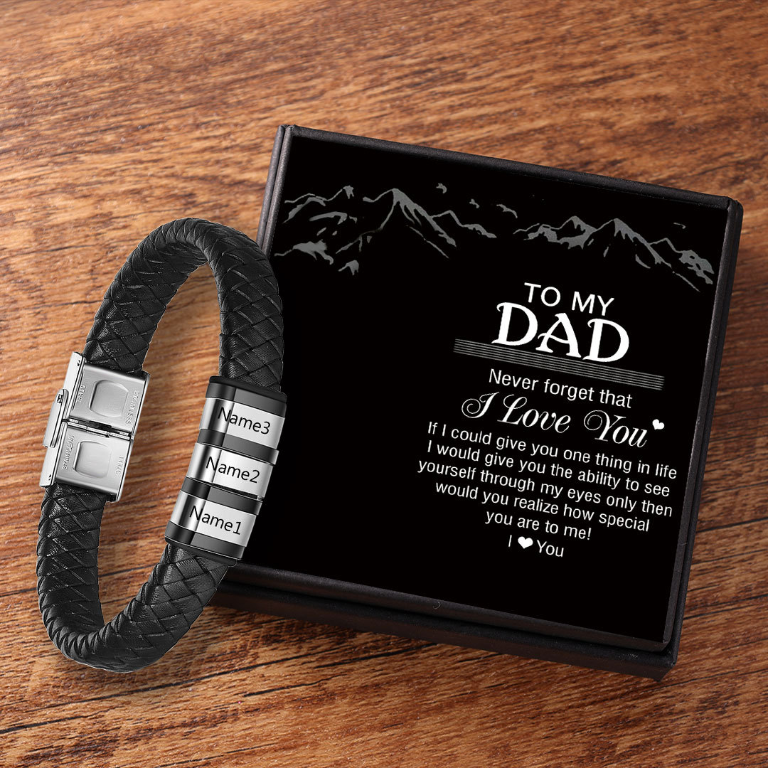 Men Leather Braided Bracelet Personalised with 3 Names Black-Jessemade AU