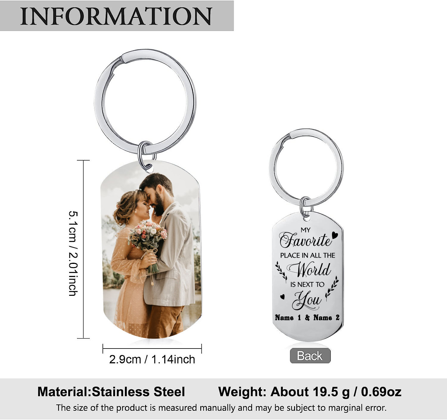 Couple Photo Keychain Customised 2 Names Keyring Valentine's Day Gifts - My Favourite Place in All The World is Next To You-Jessemade AU