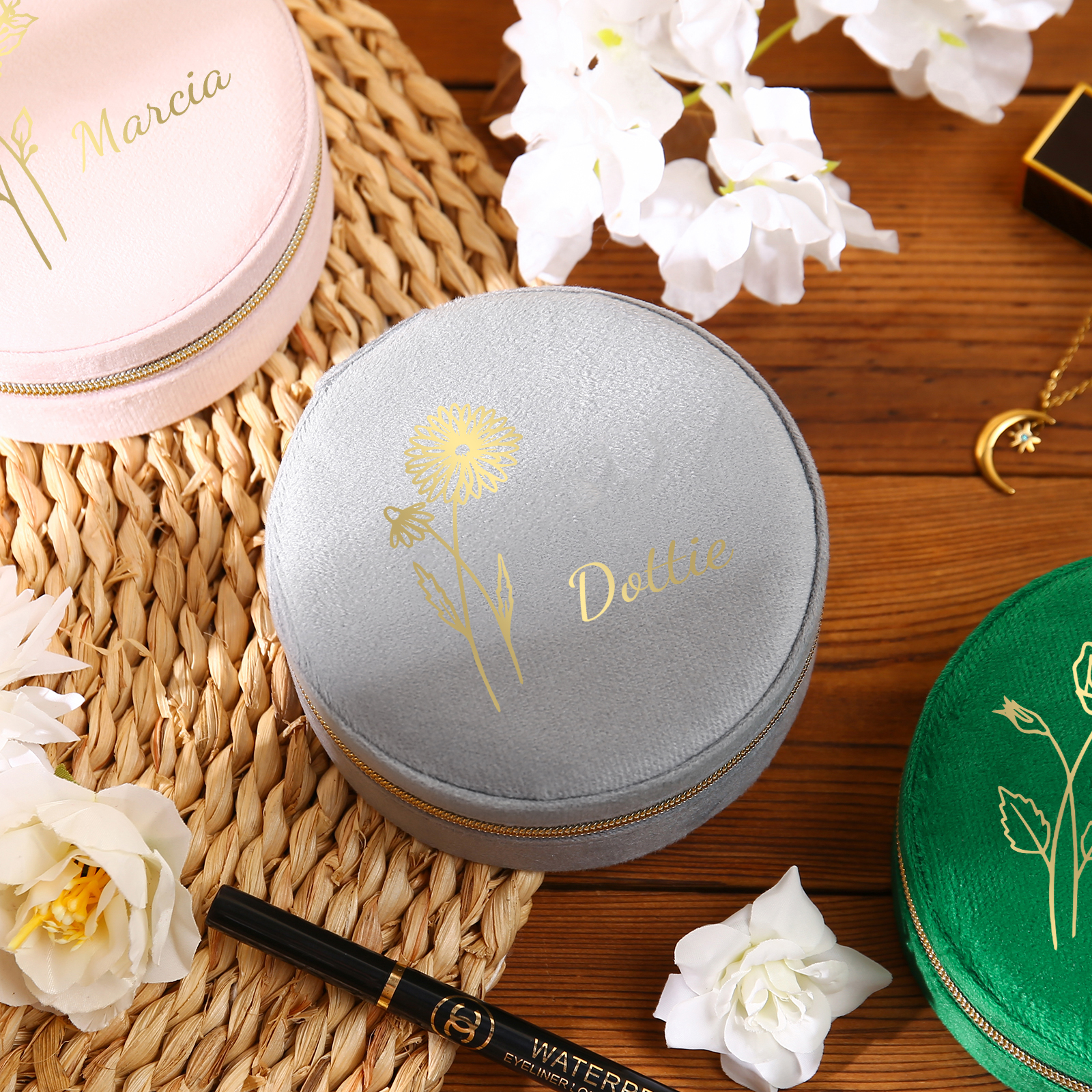 Personalised Name Jewelry Storage Box Custom Birth Flower Travel Jewelry Box Circle Box Gifts for Her-Jessemade AU