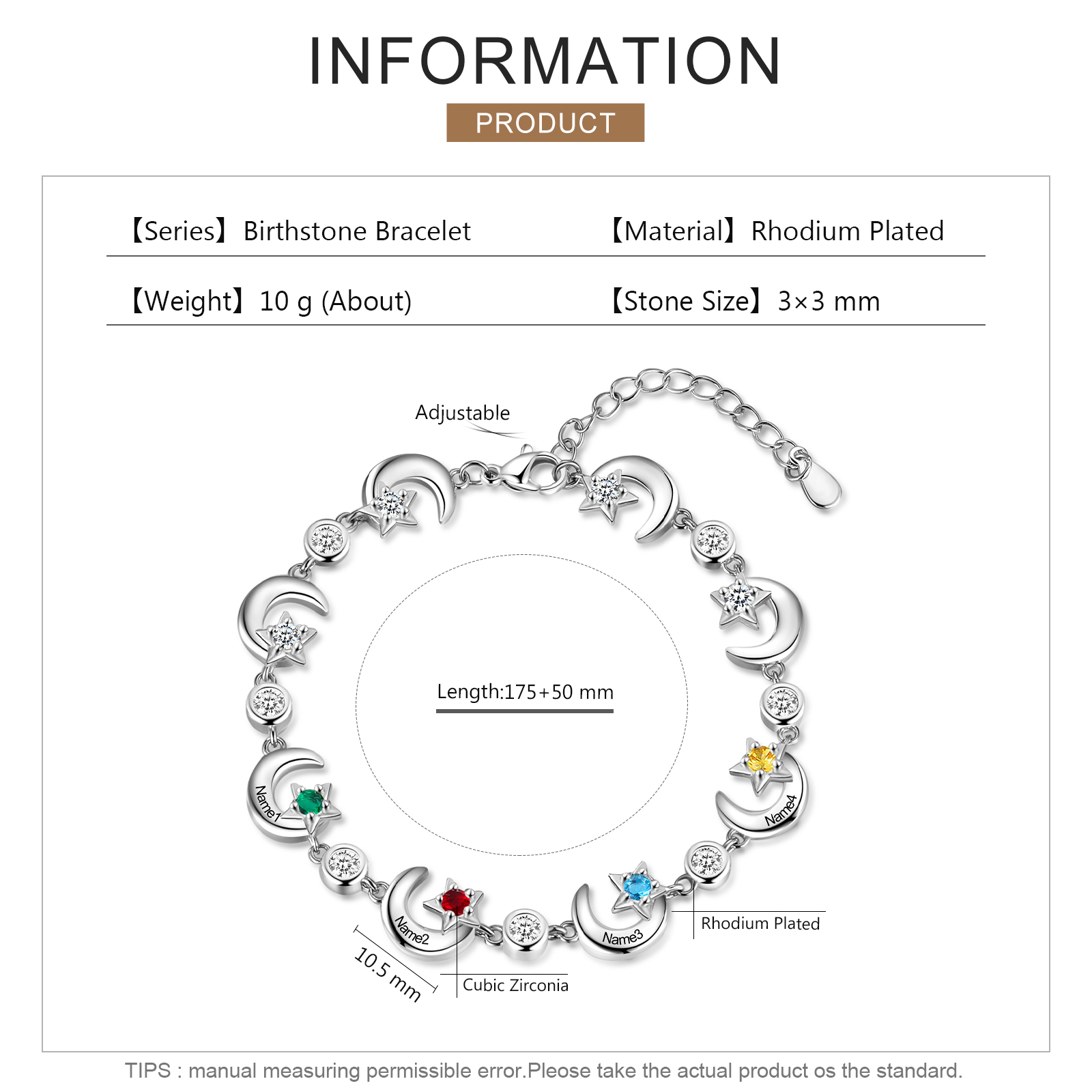 Personalised Moons And Stars Bracelet With 4 Birthstones Custom Names Bracelet Gift For Women-Jessemade AU