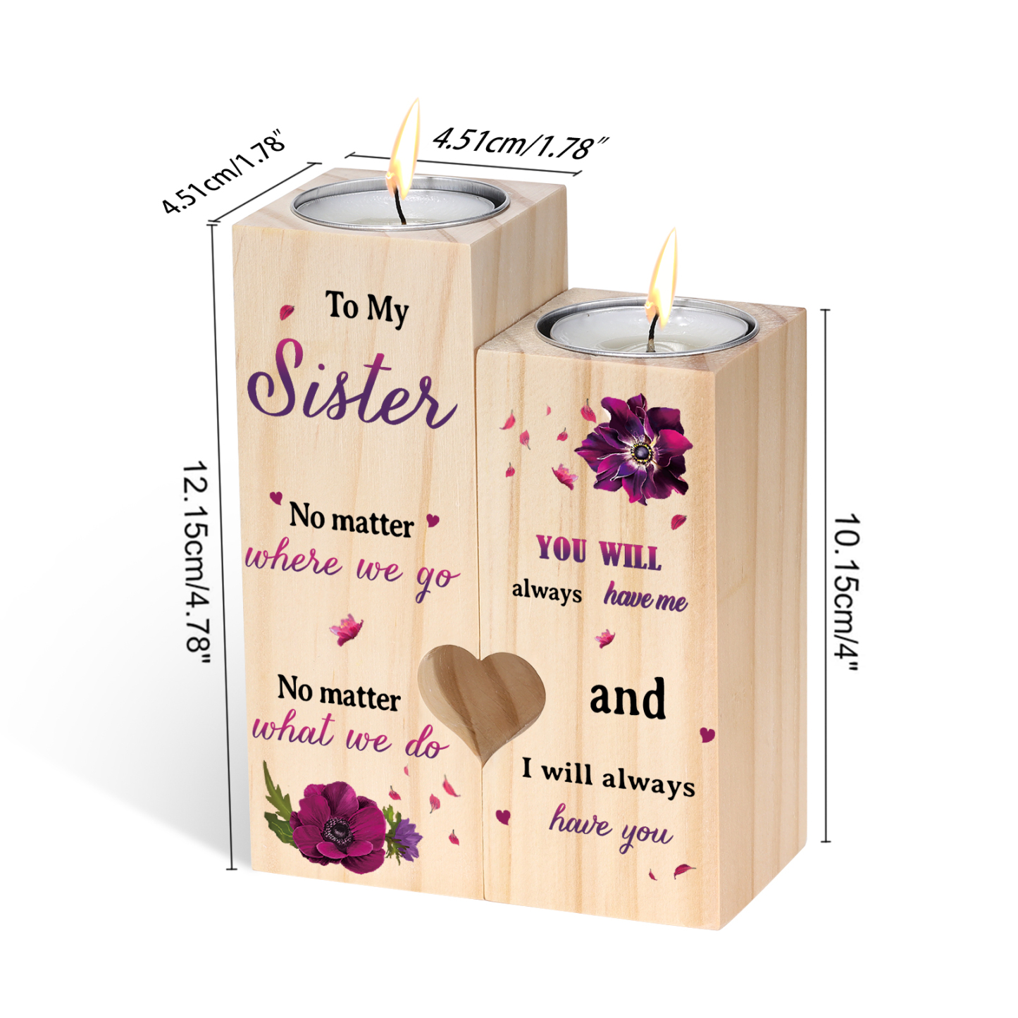 To My Sister Violet Flowers Heart Candle Holder "I will always have you" Wooden Candlestick Gifts-Jessemade AU
