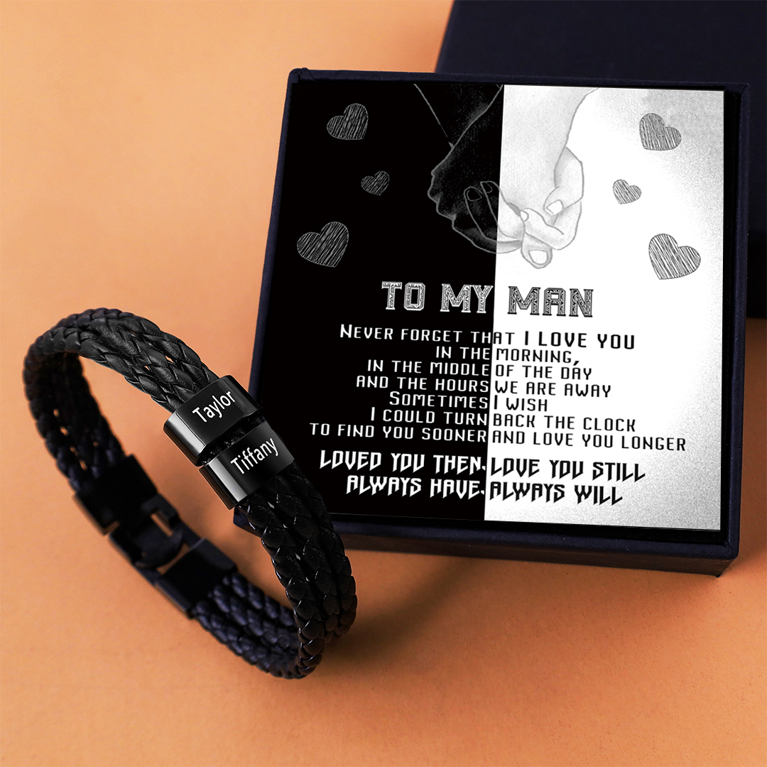 Personalised Braided Leather Bracelet Engraved 2 Names Men's Bracelet Gifts For Him-Jessemade AU