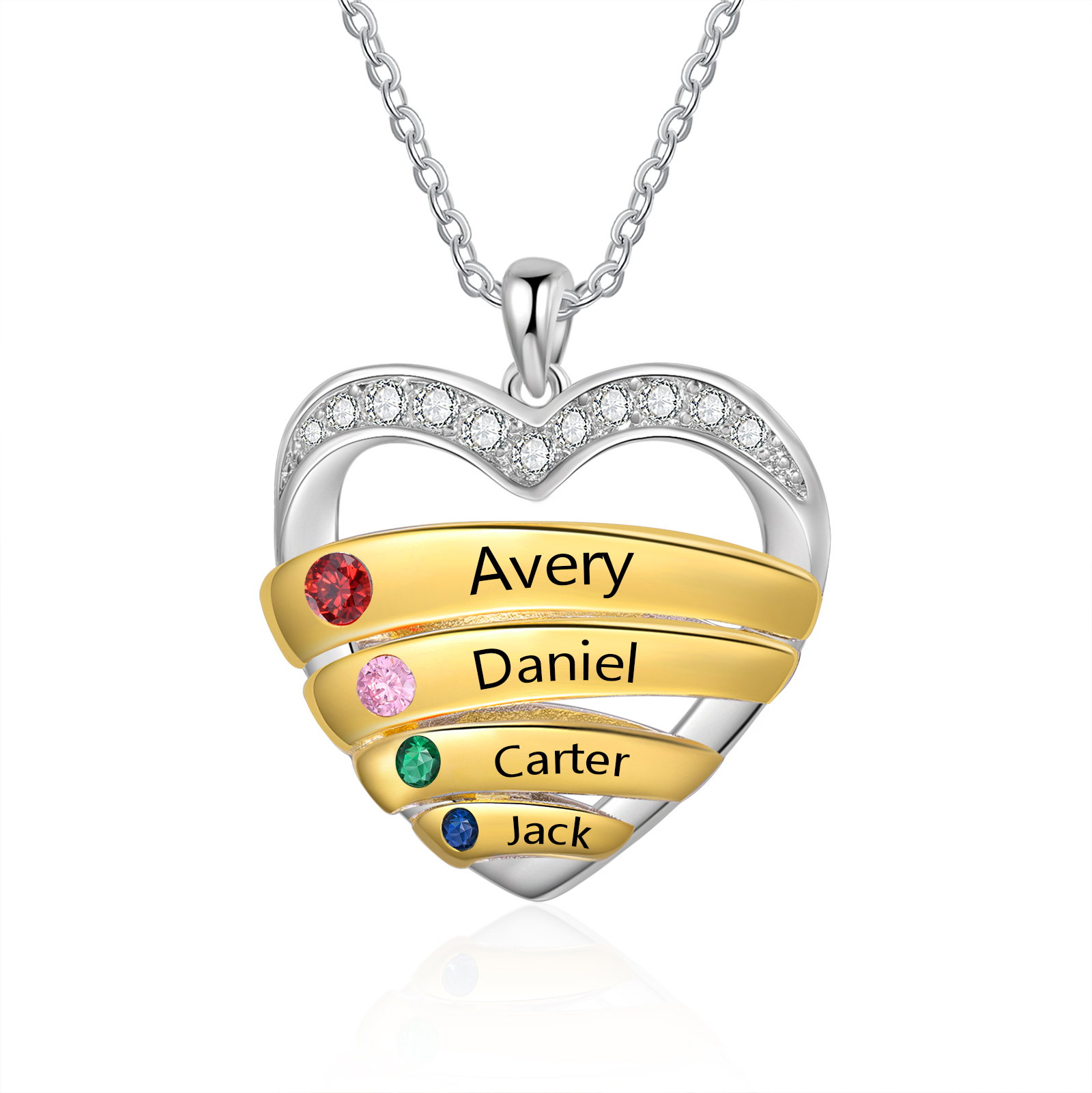 Personalised 4 Names & 4 Birthstones Necklace Custom Heart Pendant Women's Necklace Gifts for Her-Jessemade AU