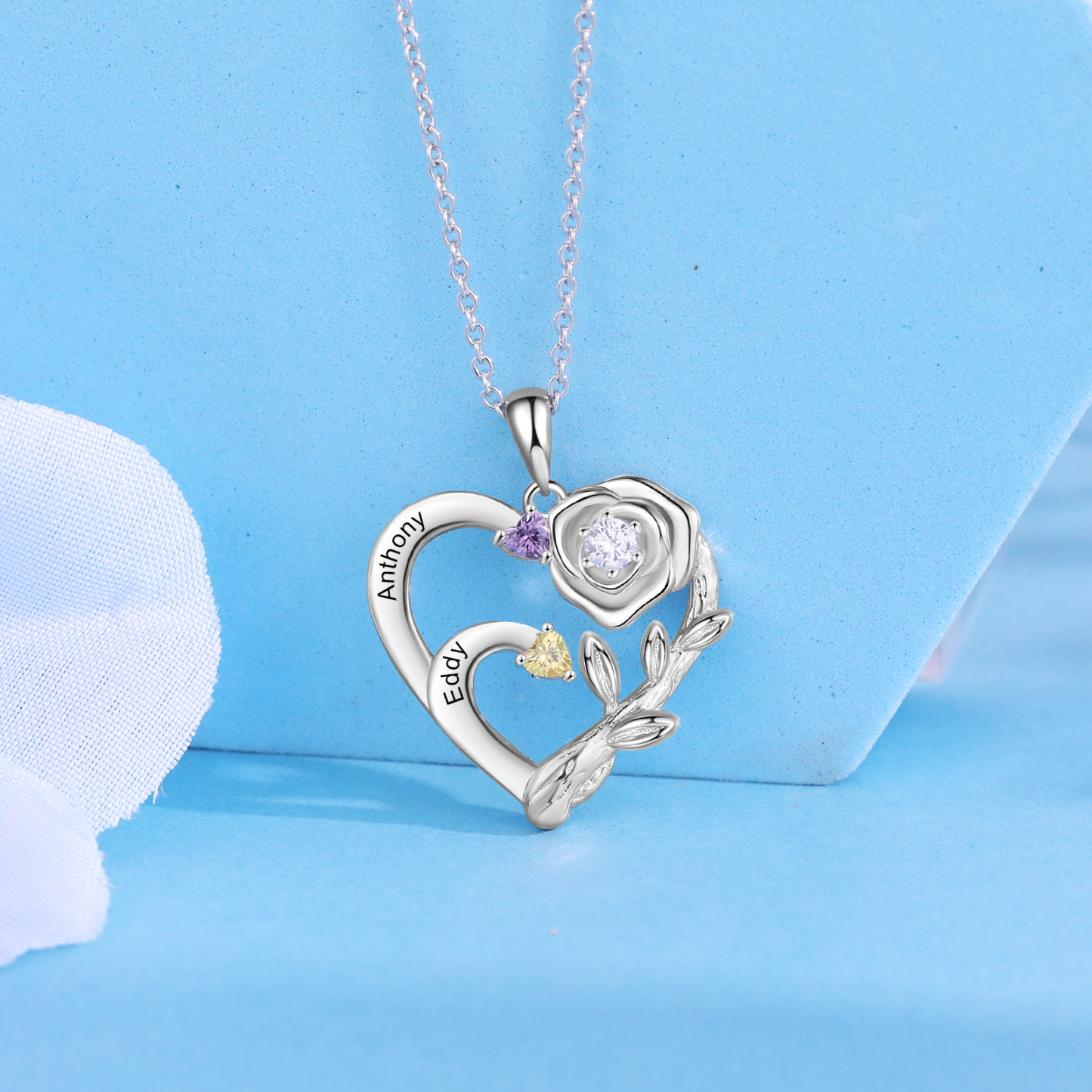 Personalised Rose Heart Necklace Custom 2 Names & Birthstones Mother Necklace-Jessemade AU