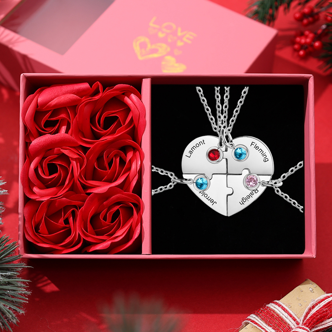 Personalised Puzzle Necklace With Birthstone Custom 4 Names Gifts For Mom BBF Friendship Style-Jessemade AU