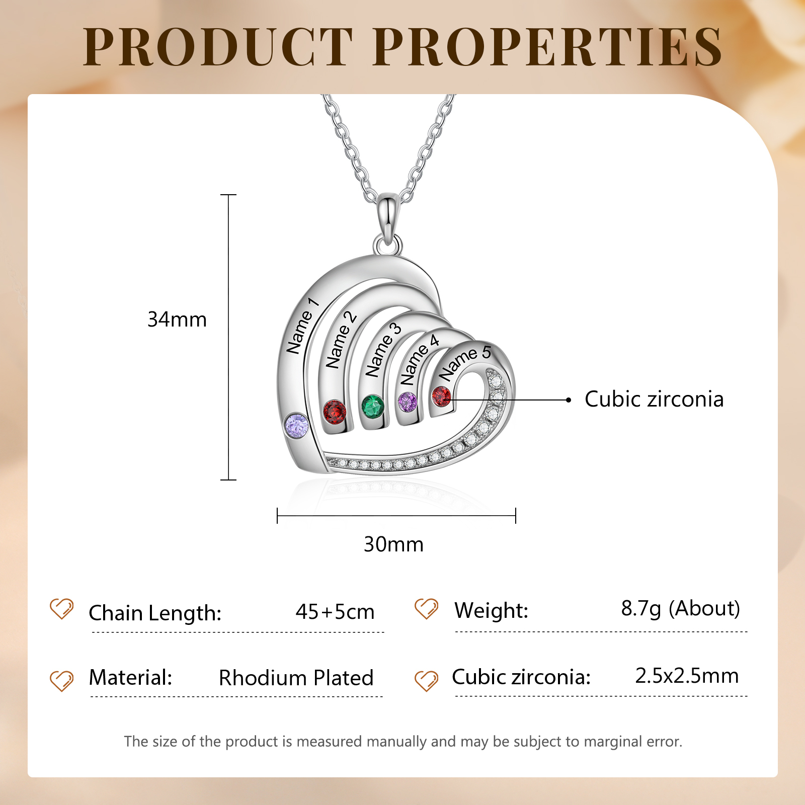 Personalised Heart Pendant Necklace Custom 5 Birthstones & 5 Names Necklace Gifts for Her-Jessemade AU