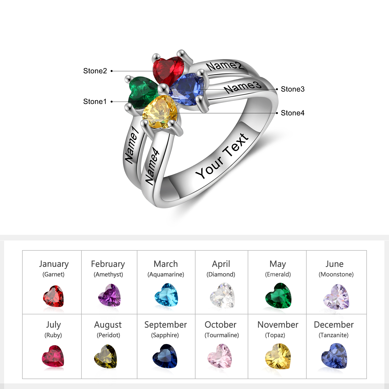 Personalised Ring With 4 Birthstones Engraved Names Ring Best Gift For Women-Jessemade AU