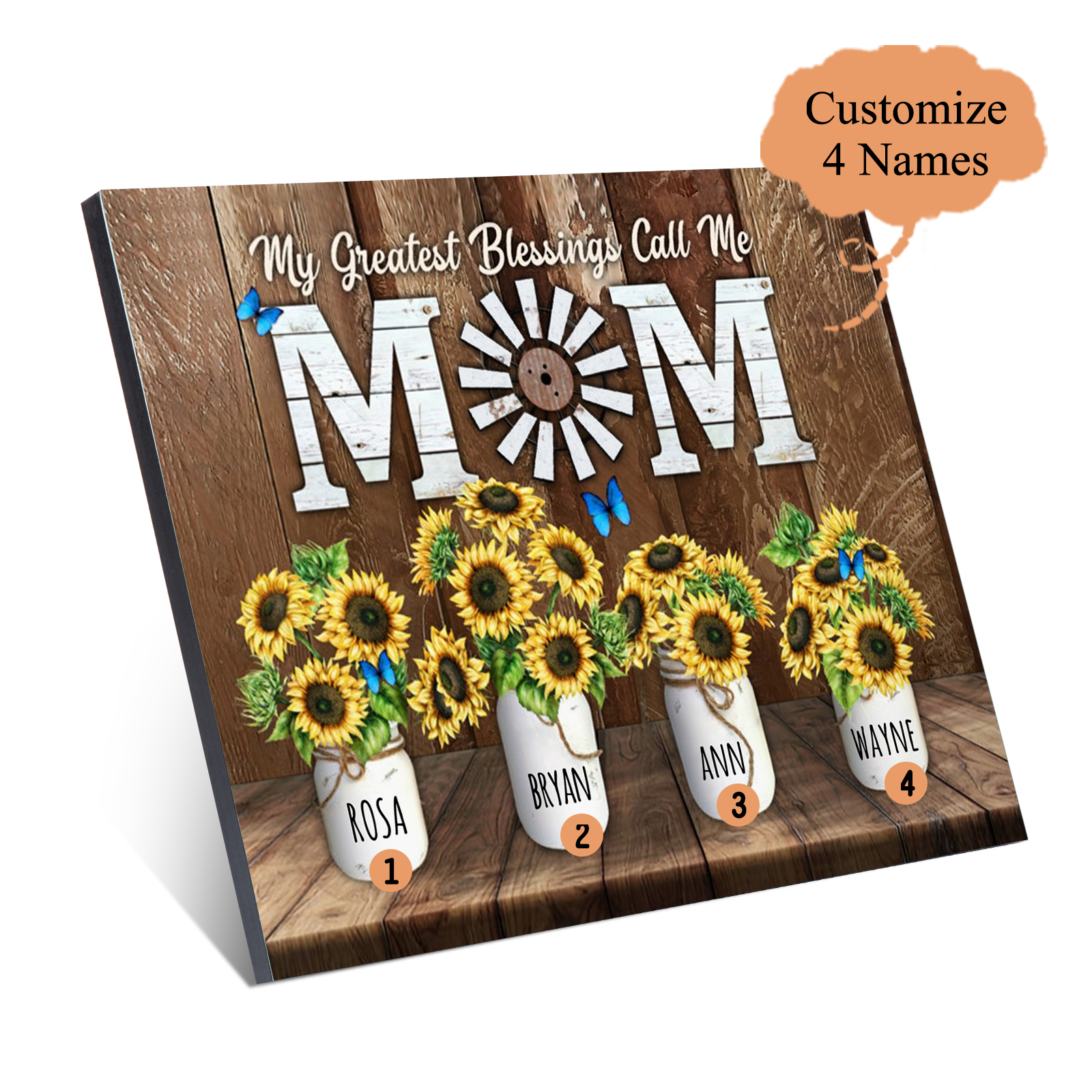 Mom Sunflowers Picture Board Personalised 4 Kids Names Family Keepsake Wood Signs Photo Frame-Jessemade AU
