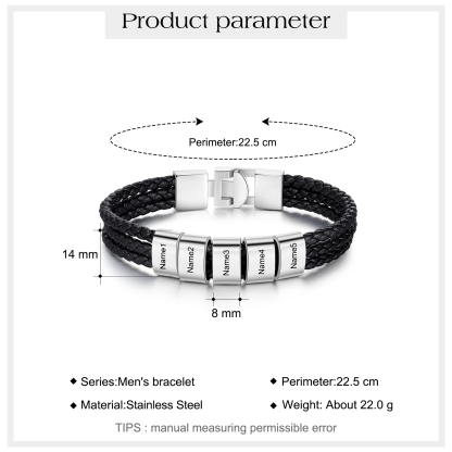 Personalised Braided Leather Bracelet Engraved 5 Names Men's Bracelet Gifts For Him-Jessemade AU